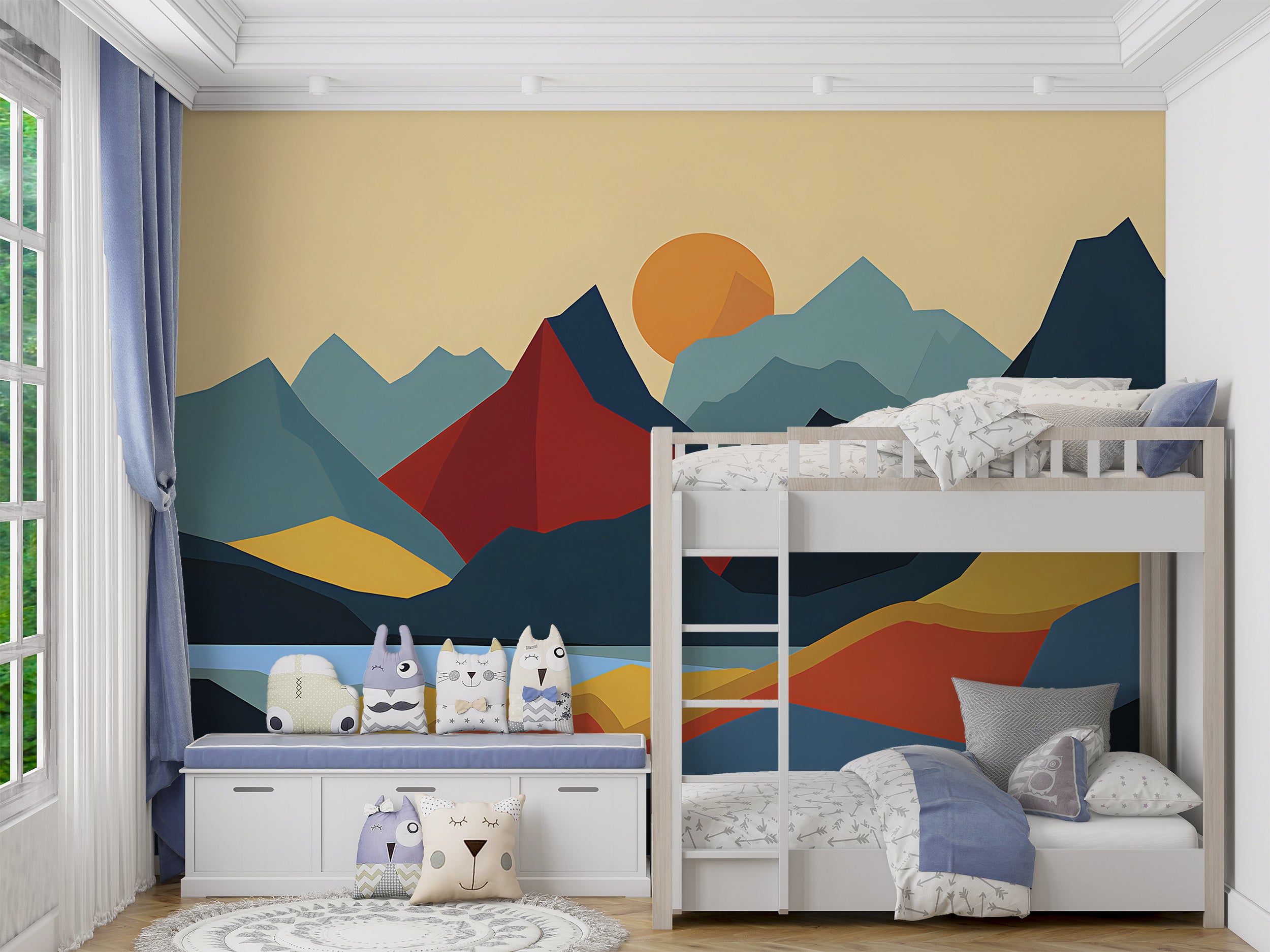 Colorful Cartoon Style Mountains Mural, Simple and Minimalistic Landscape Wallpaper, Peel and Stick Nursery Kids Room Abstract Nature Art Decal