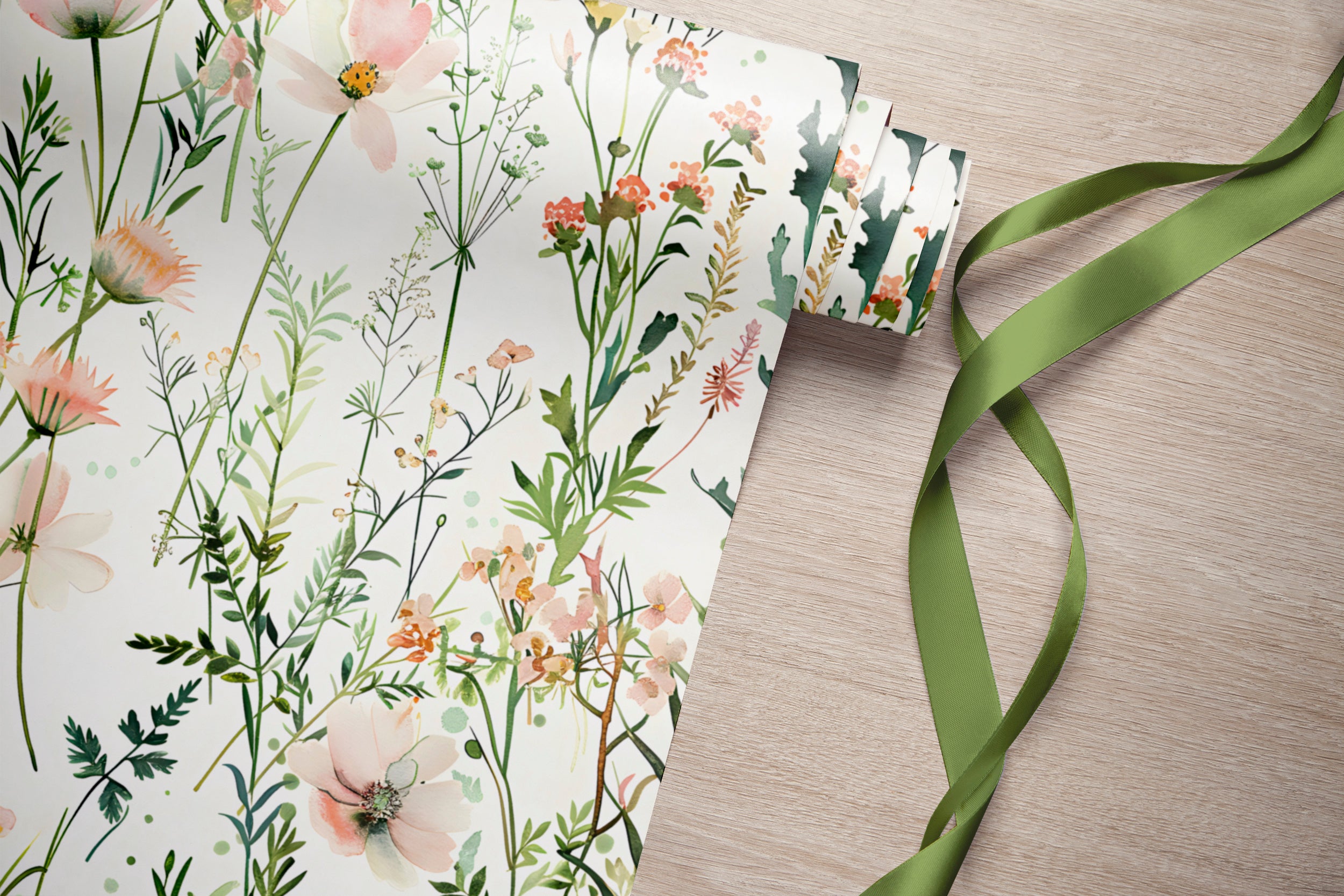 Wild Floral Wallpaper, Pastel Pink and Green Botanical Pattern Wallpaper, Watercolor Meadow Flowers Decal, Peel and Stick Minimalistic Light Floral Decor