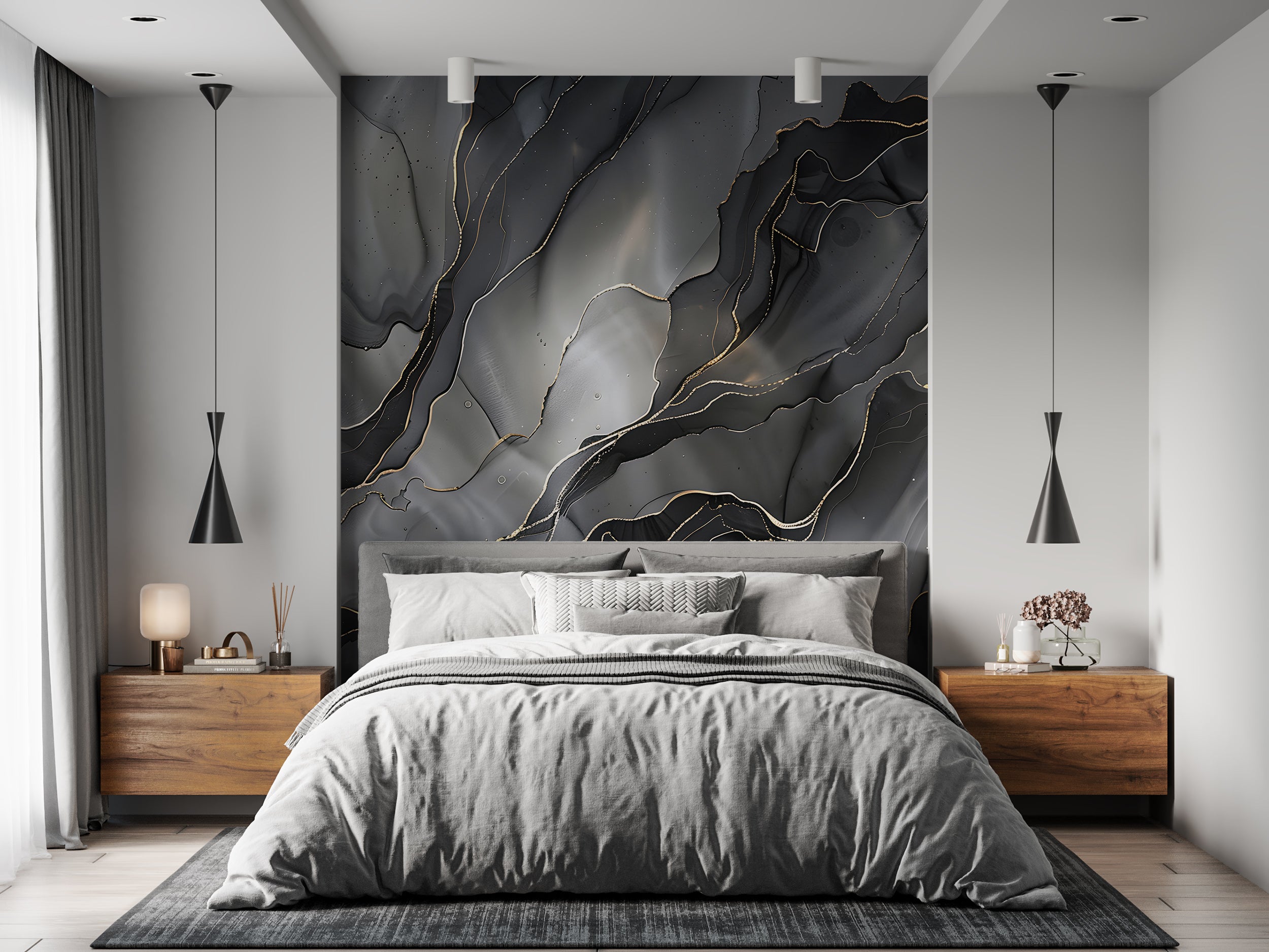 Black Alcohol Ink Wall Mural, Peel and Stick Abstract Dark Wallpaper, Removable Dark Modern Wall Art