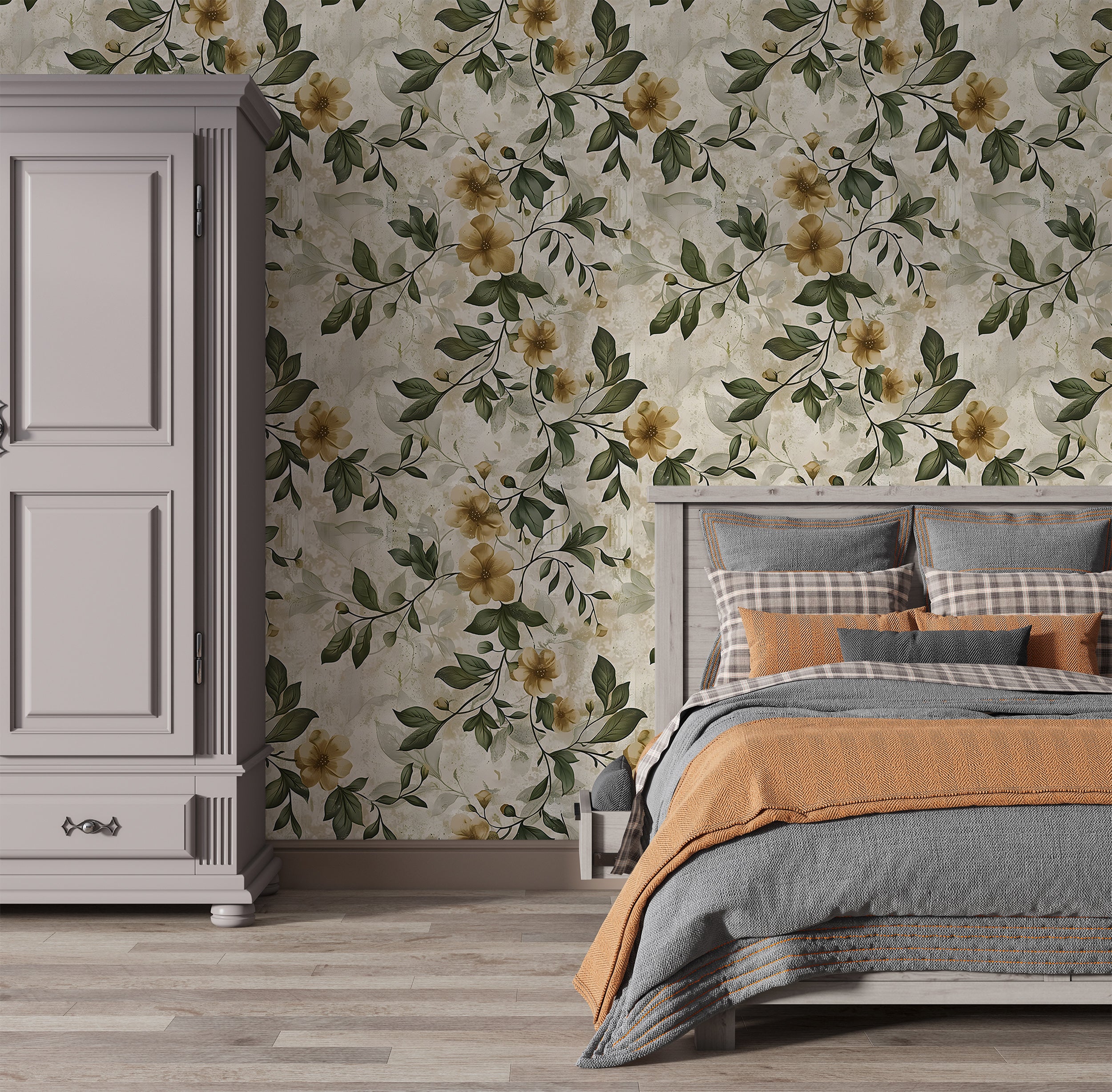 Rustic Beige and Green Floral Wallpaper, Vintage Peel and Stick Botanical Wall Decal, Removable Flowers and Leaves Old Style Wallpaper