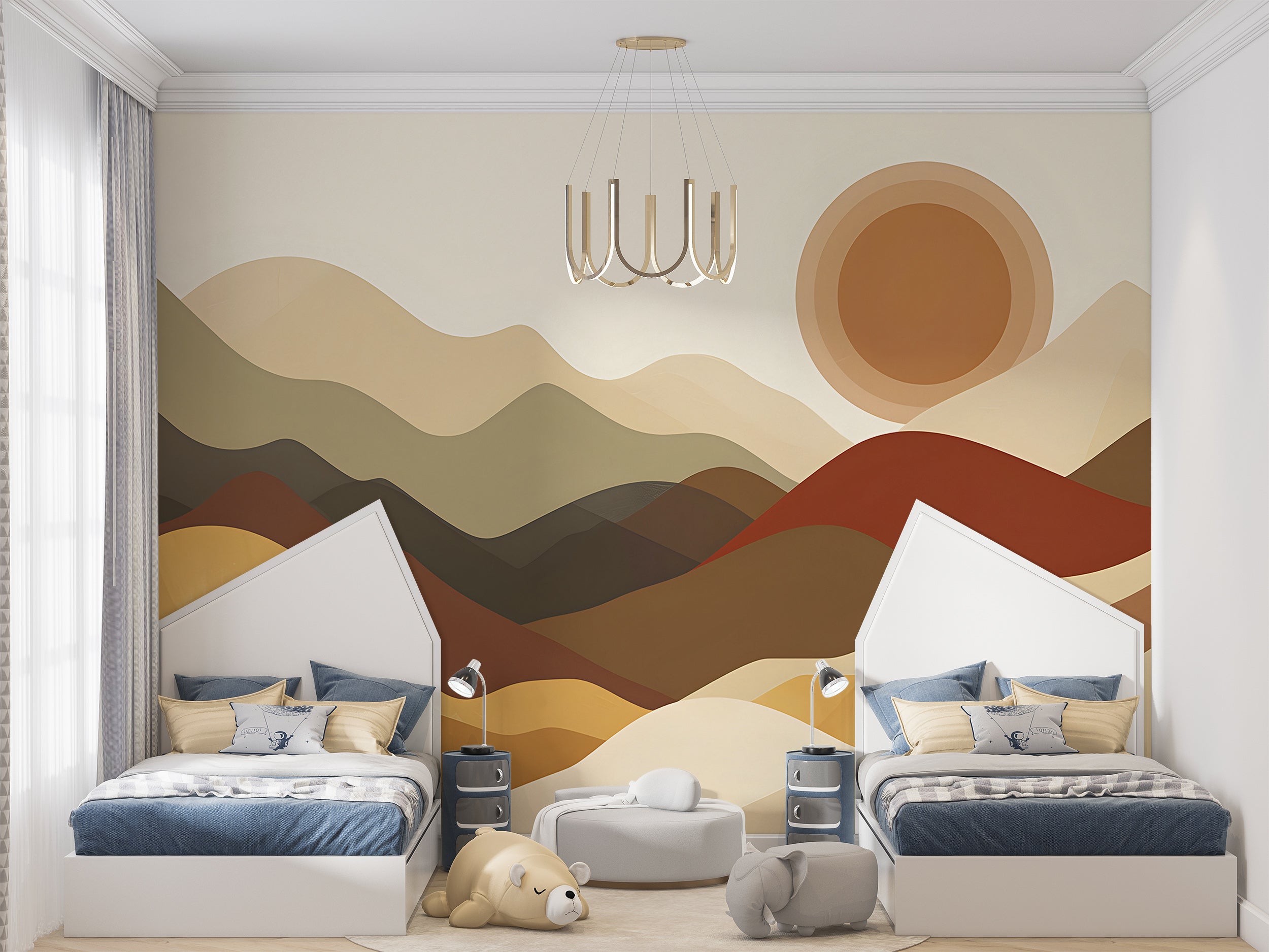 Boho Style Mountains Sunset Mural, Beige and Brown Watercolor Mountain Landscape, Nursery Peel and Stick Abstract Sand Dunes