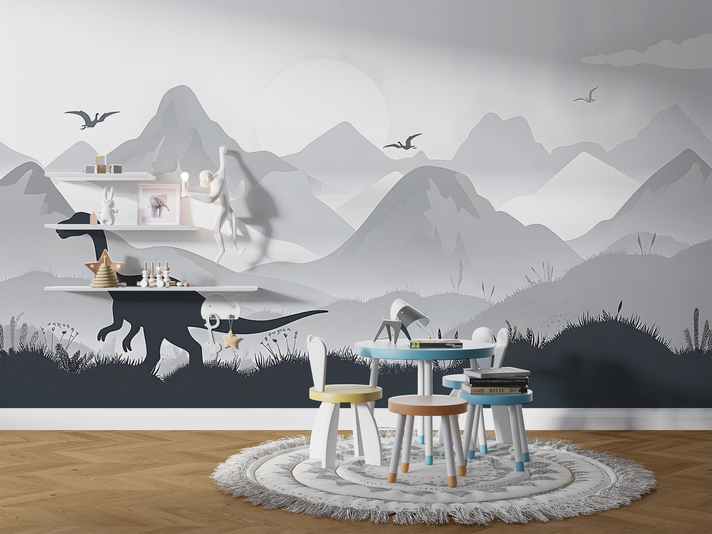 Dinosaur Wall Mural, Ancient World Nursery Wallpaper, Self-adhesive Grey Mountains Landscape Playroom Mural, PVC-free Decal