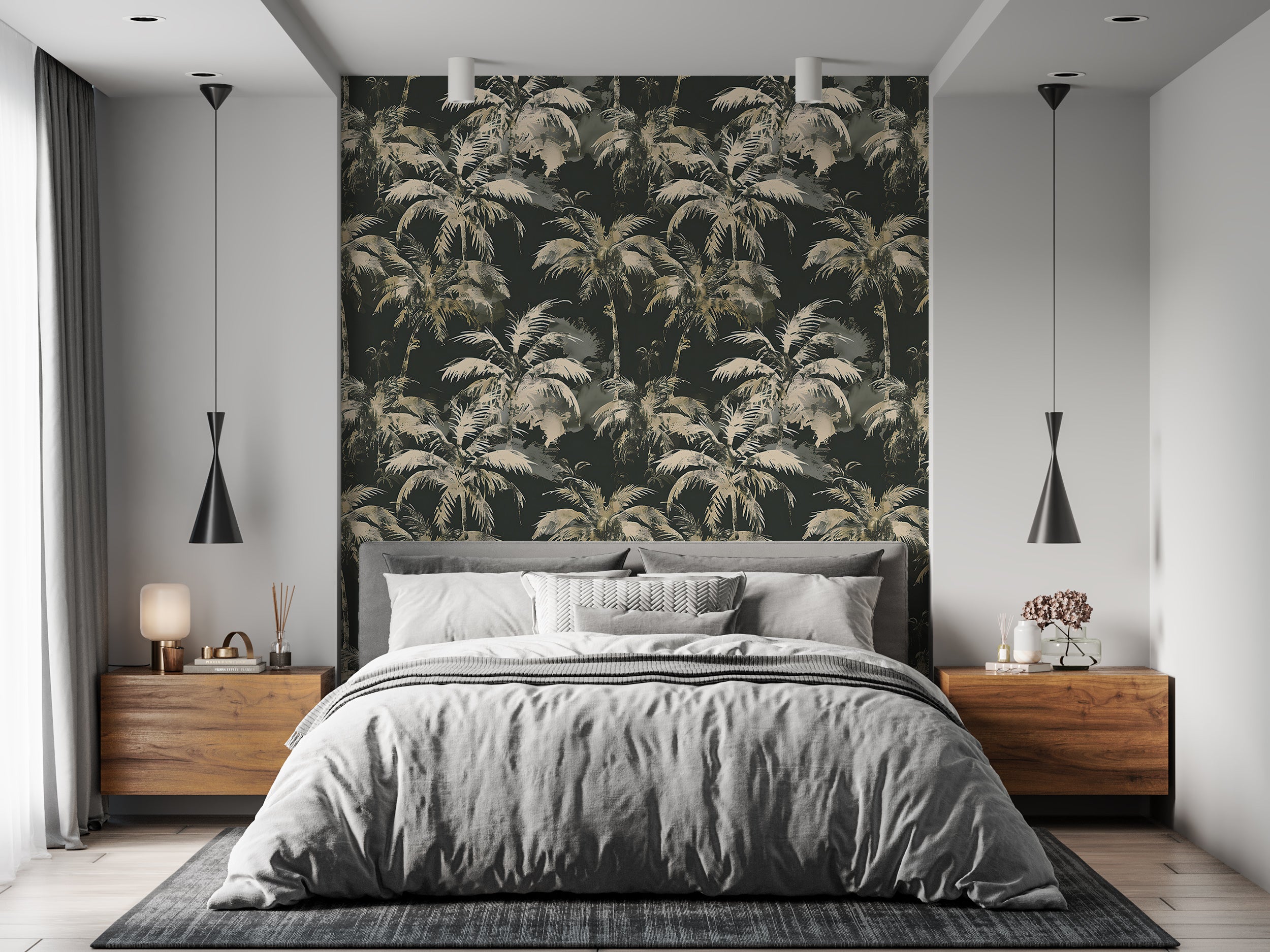 Palm Leaves Dark Wallpaper, Green and Beige Tropical Wall Decal, Peel and Stick Palm Tree Wallpaper, Removable Coastal Botanical Decor