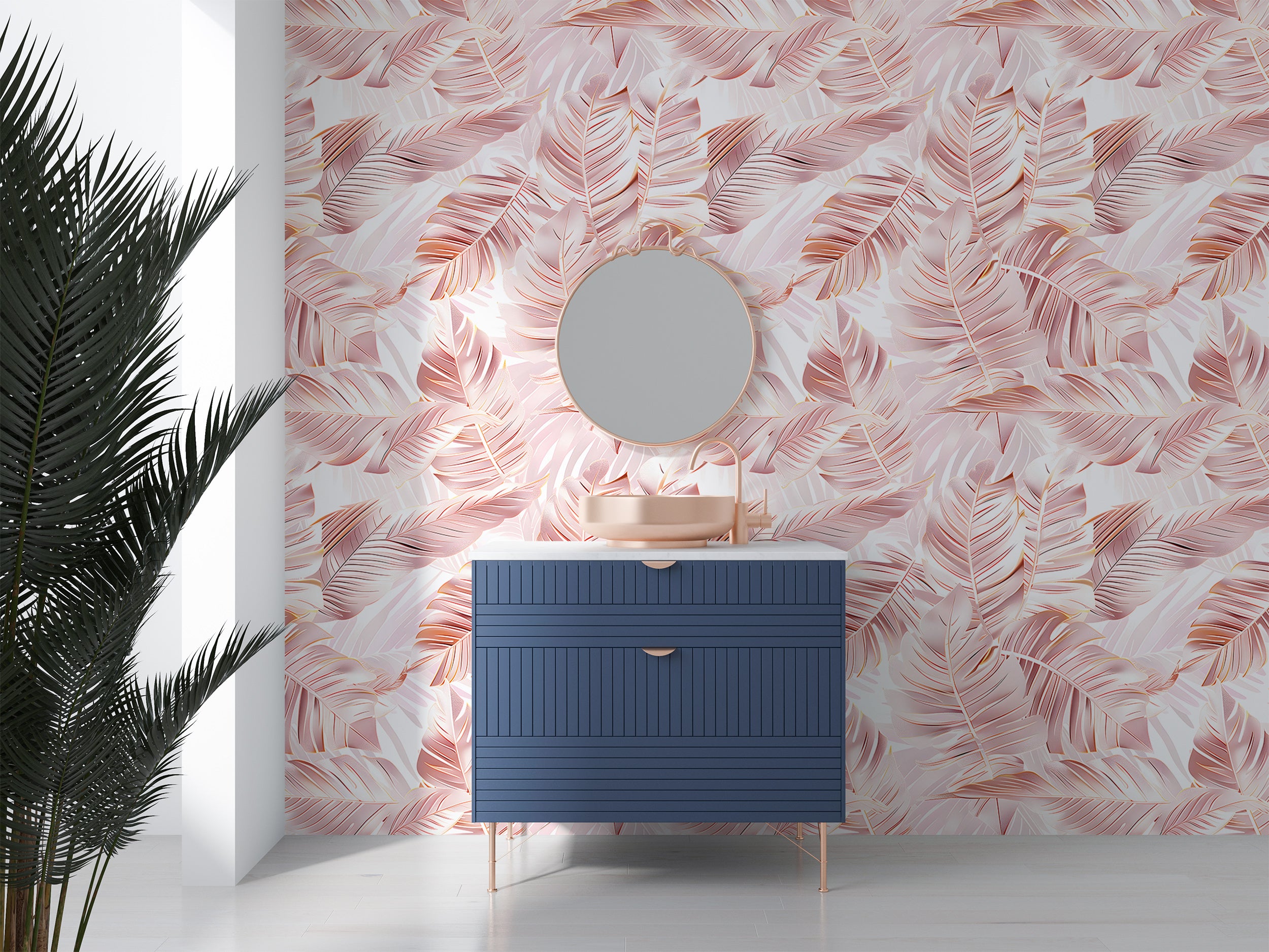 Palm Leaves in Gold Rose Colour Wallpaper, Peel and Stick Pink Tropical Decal, Removable Coastal Botanical Wallpaper, Soft Pink Palm Tree Leaf Pattern
