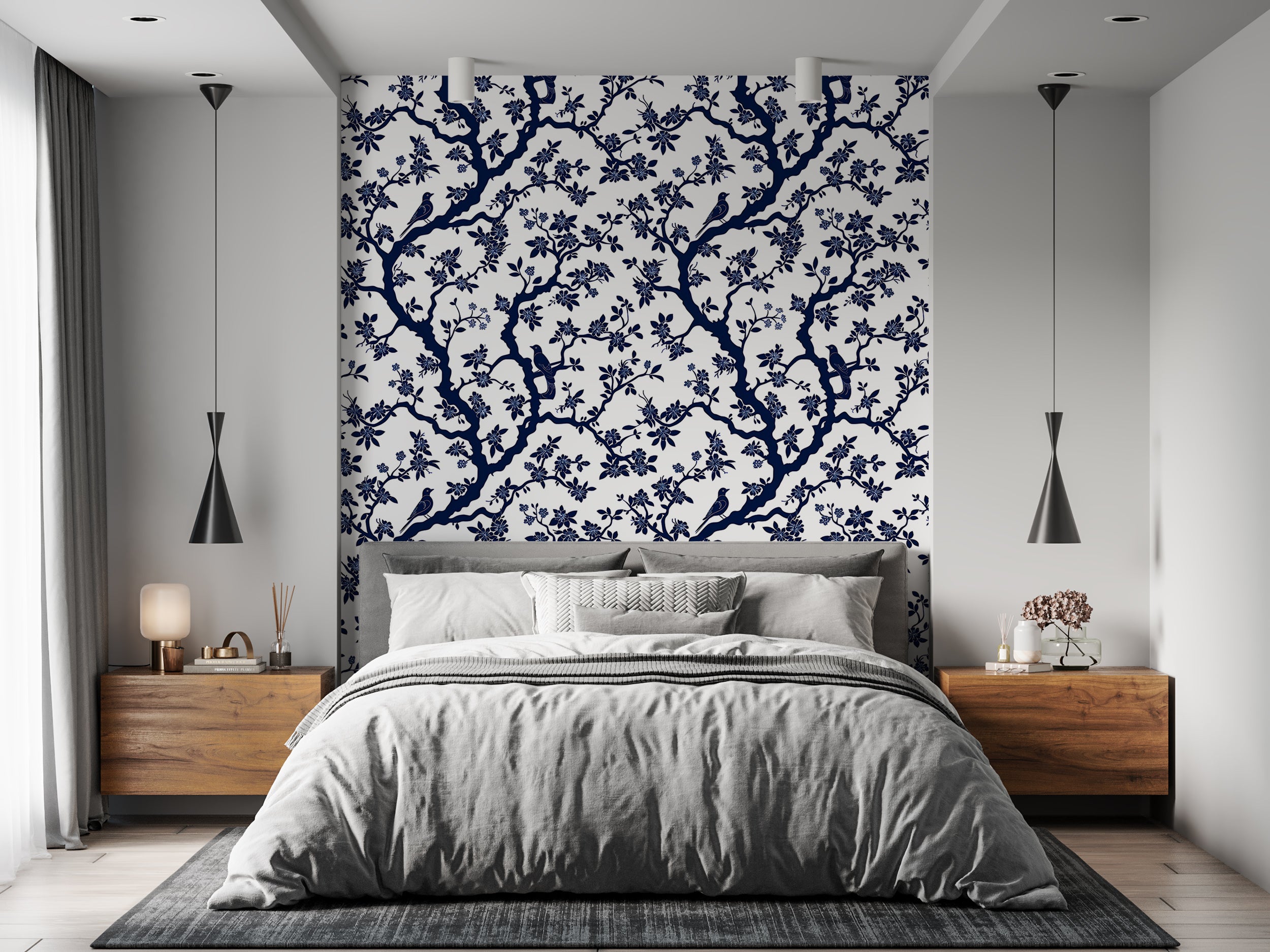 Blue and White Chinoiserie Wallpaper, French Style Floral Wall Decor, Peel and Stick Blue Botanical Wallpaper, Removable Flowers & Birds