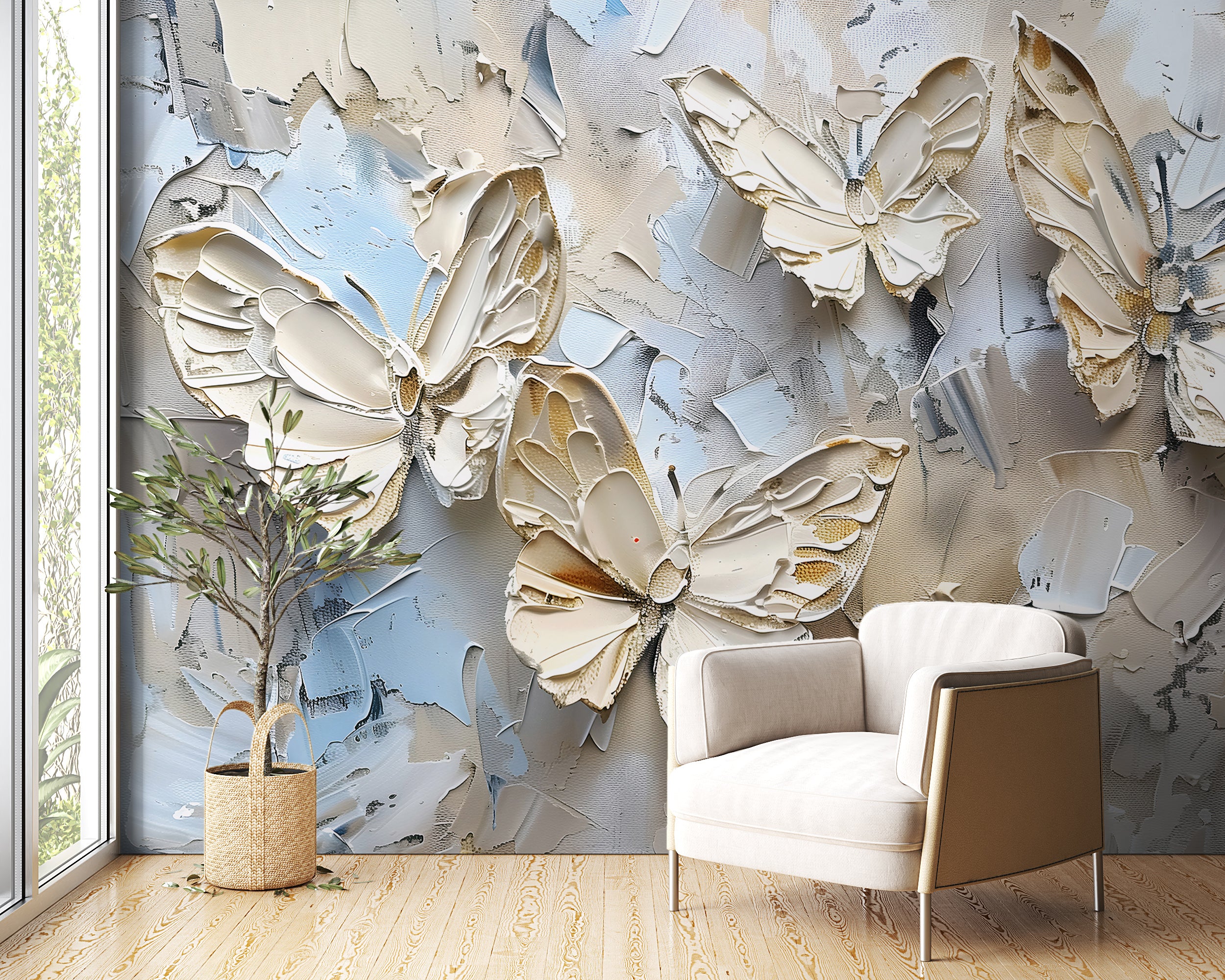 Abstract Butterflies Wall Mural, Peel and Stick Butterflies Palette Knife Oil Painting Wall Art, Removable Beige 3D Nature Wallpaper