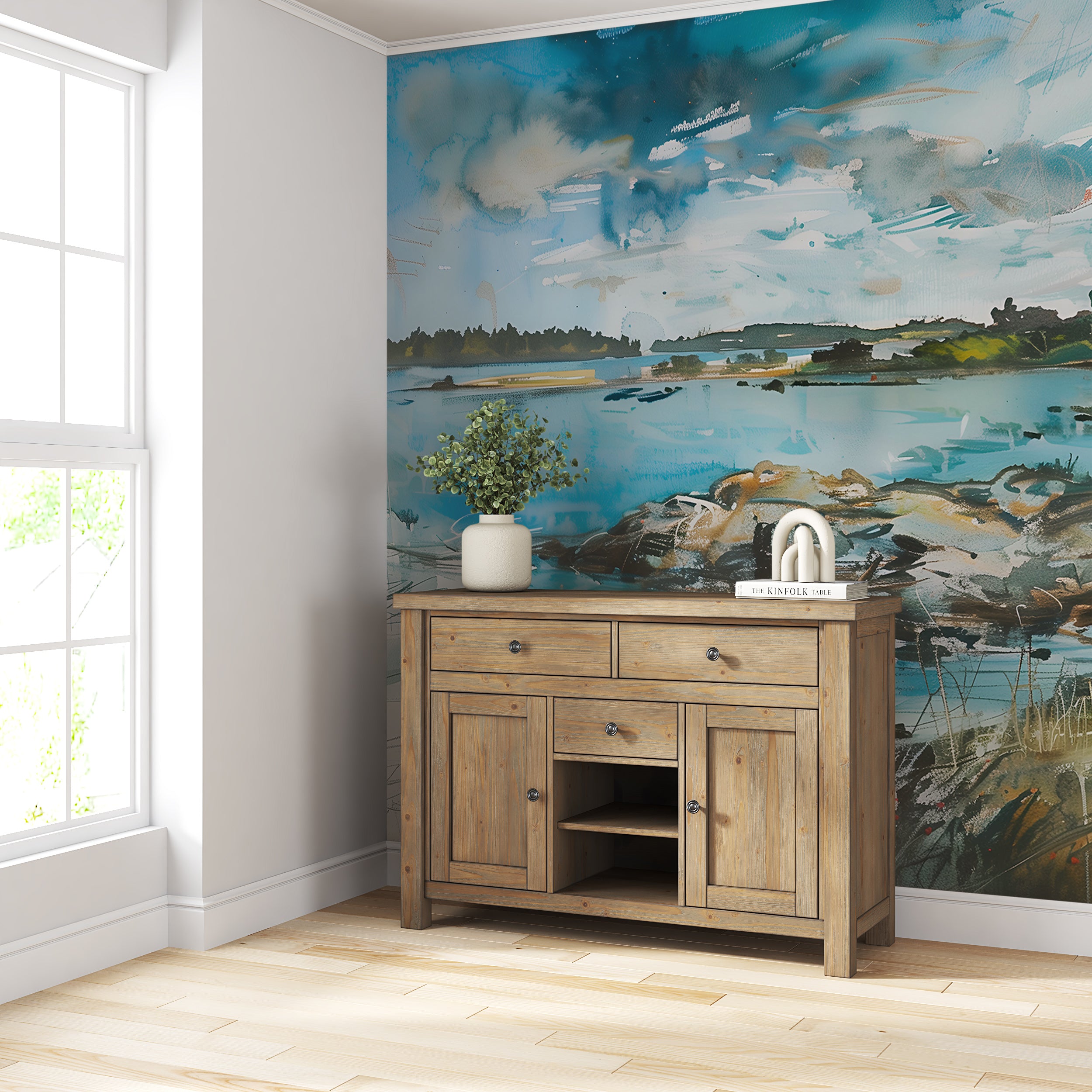 Lake Landscape Painting Wall Mural, Watercolor Scenic Wallpaper, Peel and Stick Abstract Nature Mural, Removable Oil Painting Style Nature Art