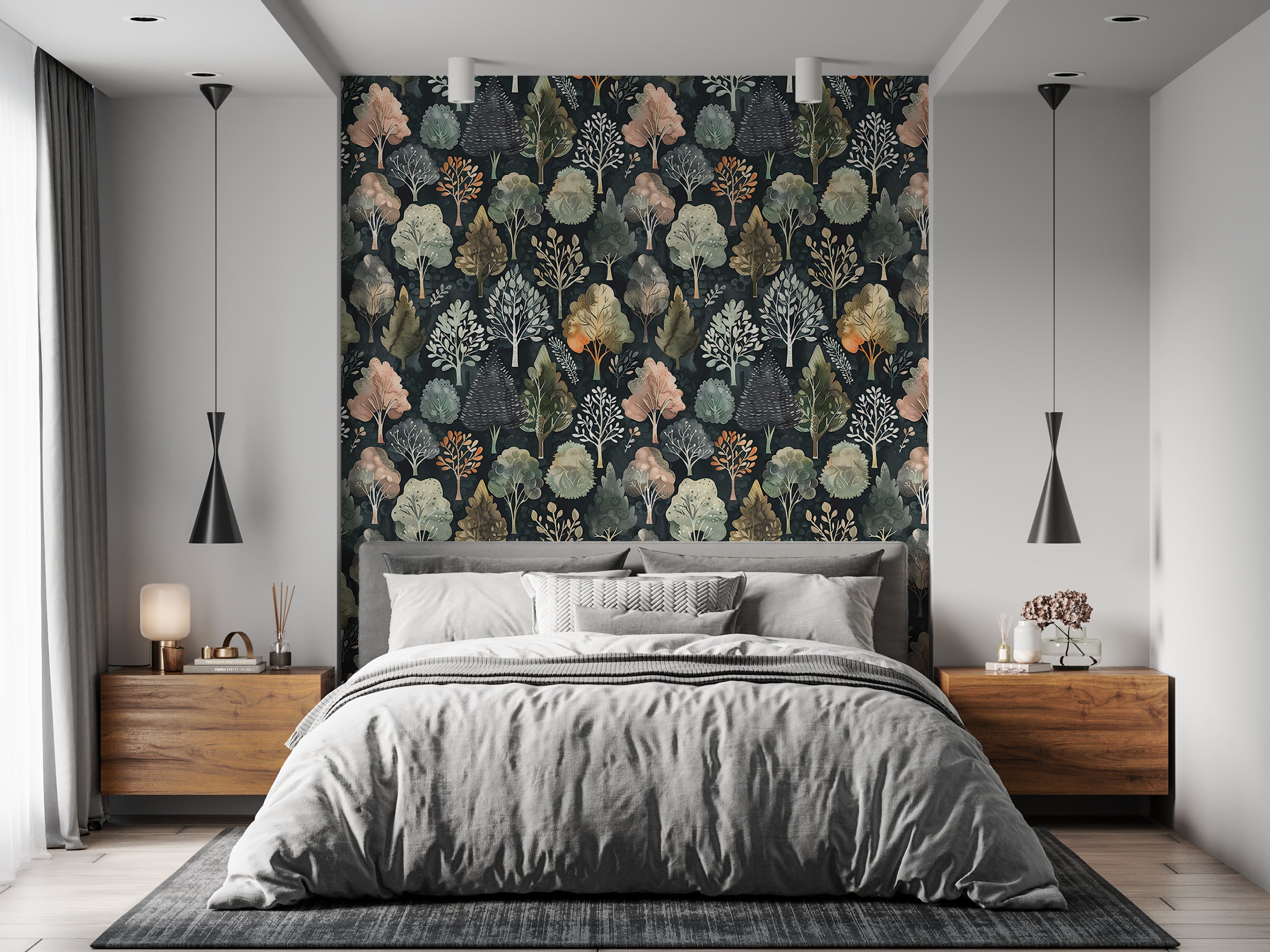 Pine tree pattern removable wallpaper Peel and stick botanical mural