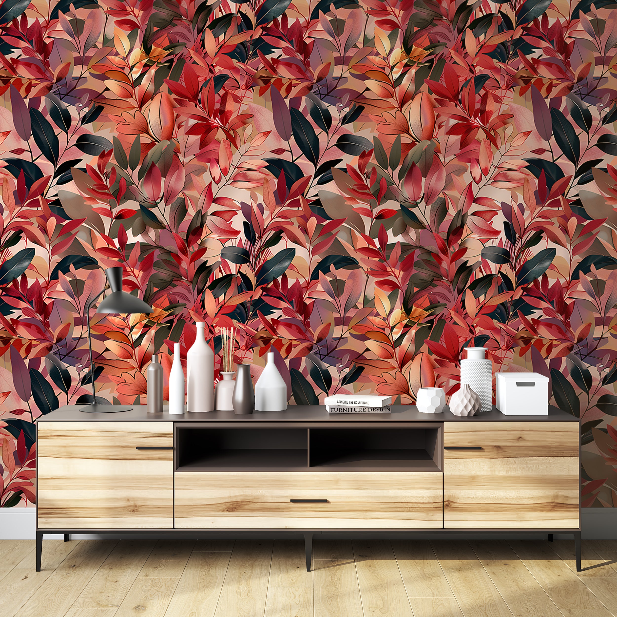 Dark red nature wall mural Removable colorful botanical wallpaper