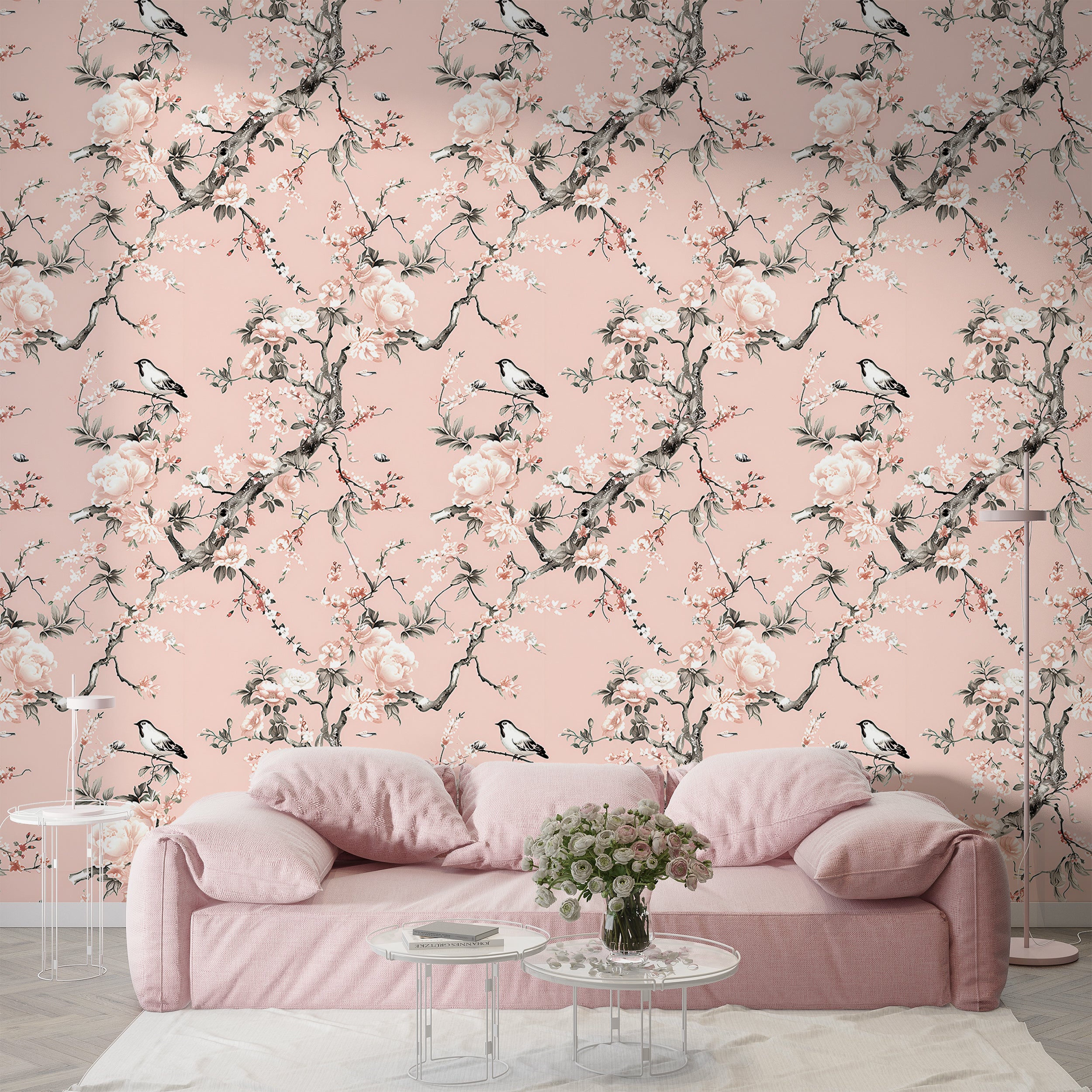 Soft Pink Chinoiserie Wallpaper, Peel and Stick Pink Floral Wallpaper, Blossom Branches Wall Decor, Removable Pink Botanical Wallpaper