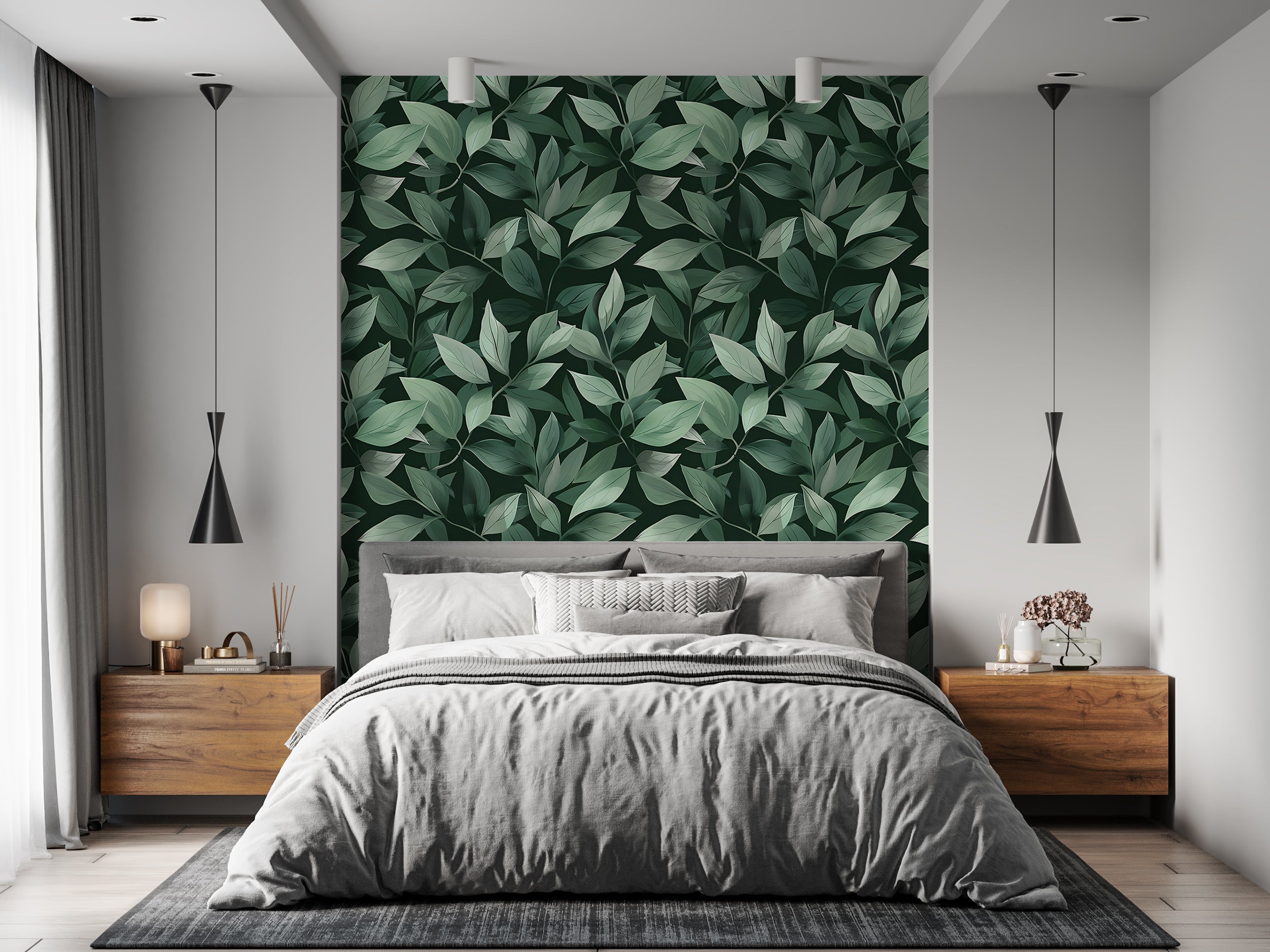 Green Leaves Wallpaper, Peel and Stick Greenery Wall Decor, Removable Dark Green Botanical Wallpaper, Tree Leaves Pattern Wallpaper