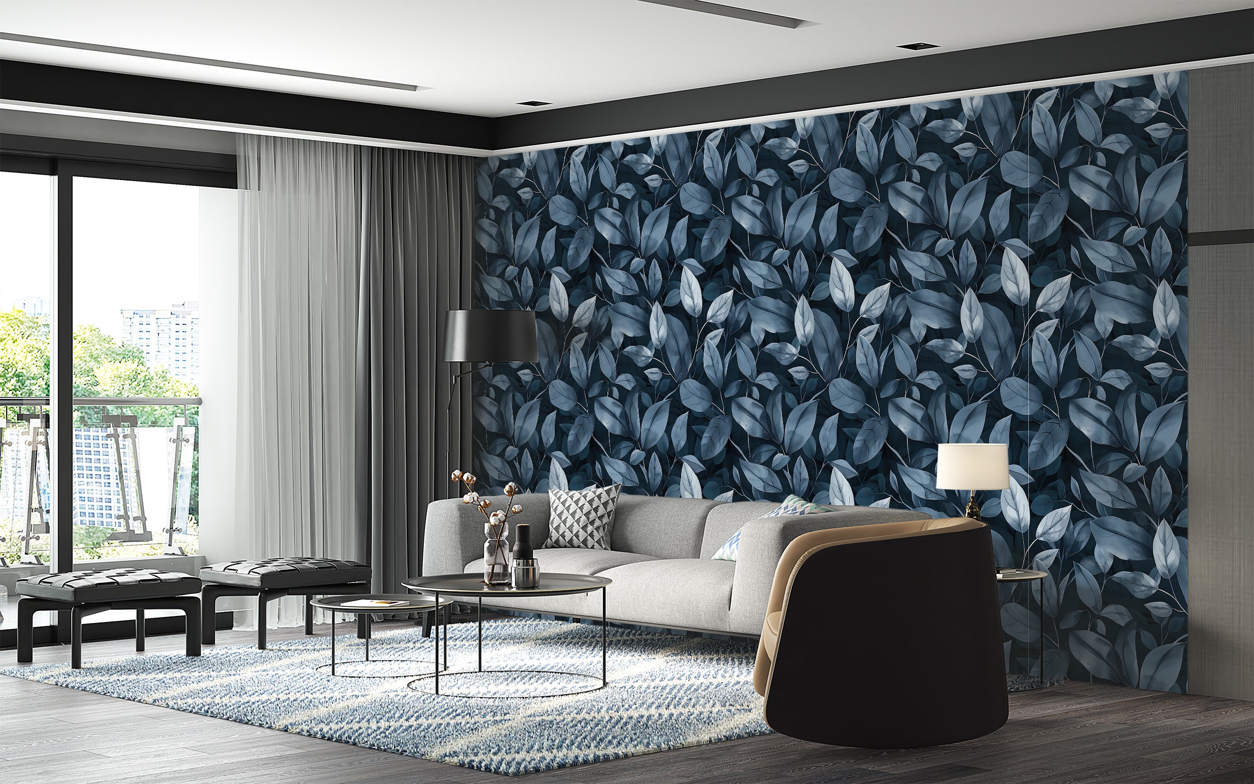 Large Scale Blue Leaf Pattern Wallpaper, Peel and Stick or Pre-pasted Dark Botanical Wallpaper, Accent Wall Vibrant Navy Blue Art