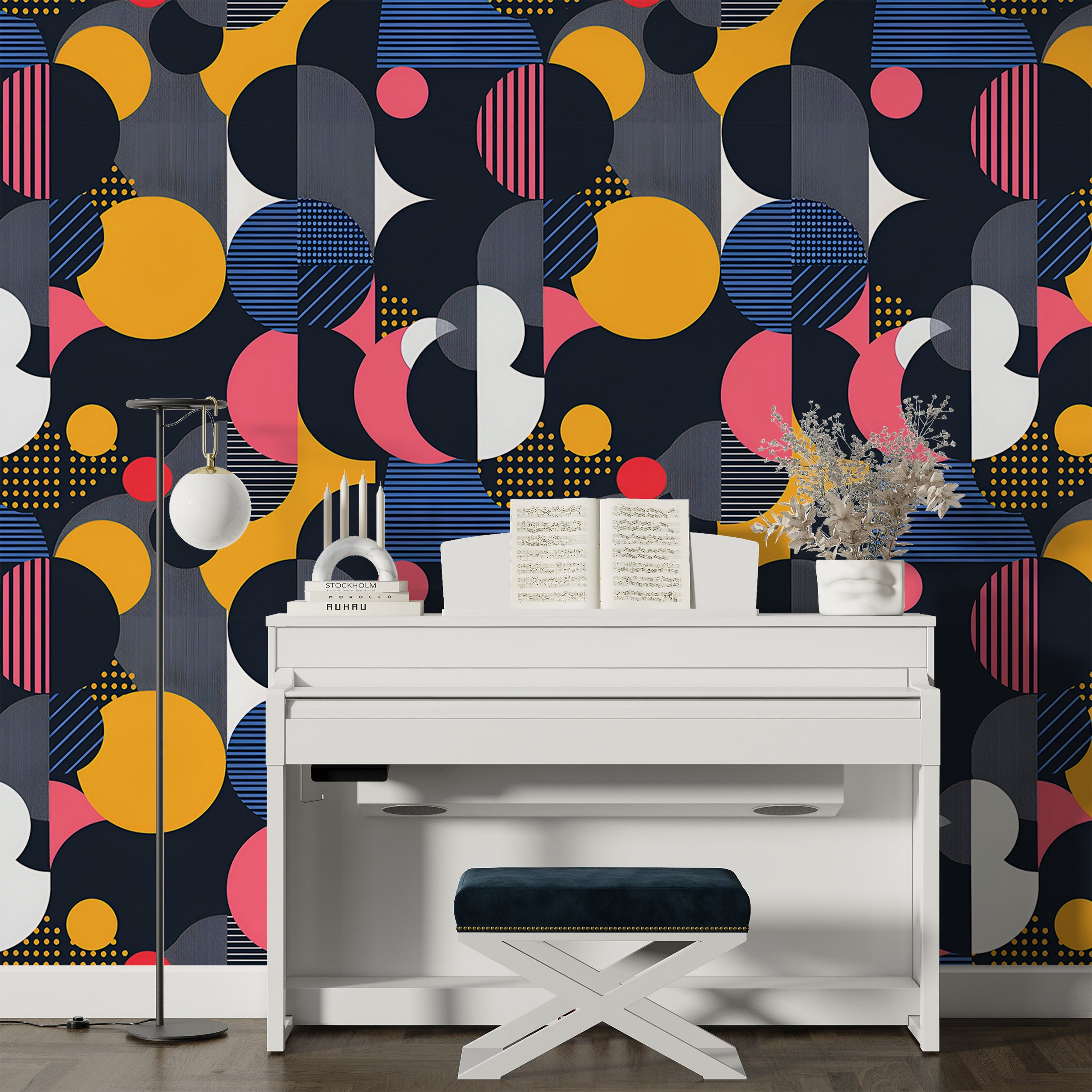 Abstract Geometric Wallpaper, Colorful Abstract Shaped Wallpaper, Peel and Stick Removable Dark Circles Wall Decor