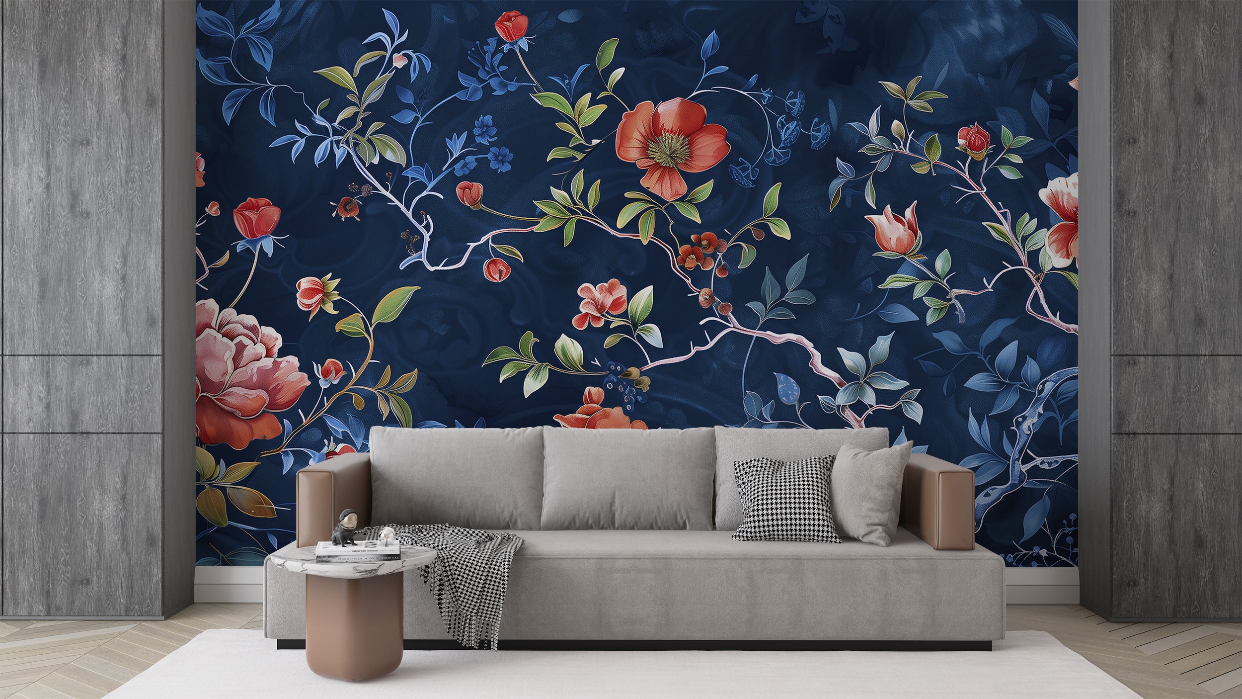 Dark Blue Floral Mural, Peel and Stick Blue Chinoiserie Wallpaper, Red Flowers on Dark Blue Background Art, Removable Flower Branch Decor