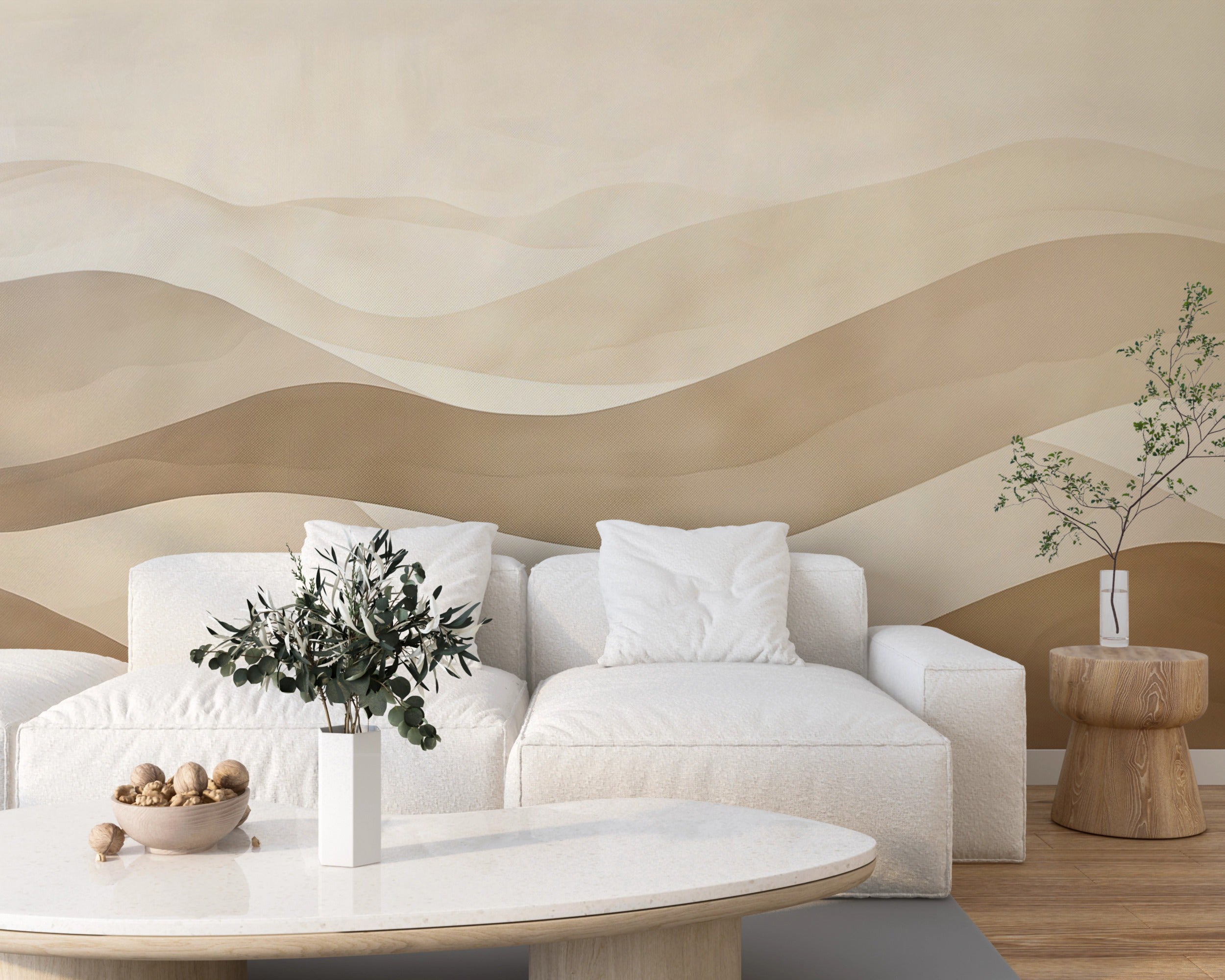 Beige Boho Wavy Wall Mural, Peel and Stick Minimalist Geometric Wallpaper, Line Wall Mural, Beige Abstract Sand Dunes Mural