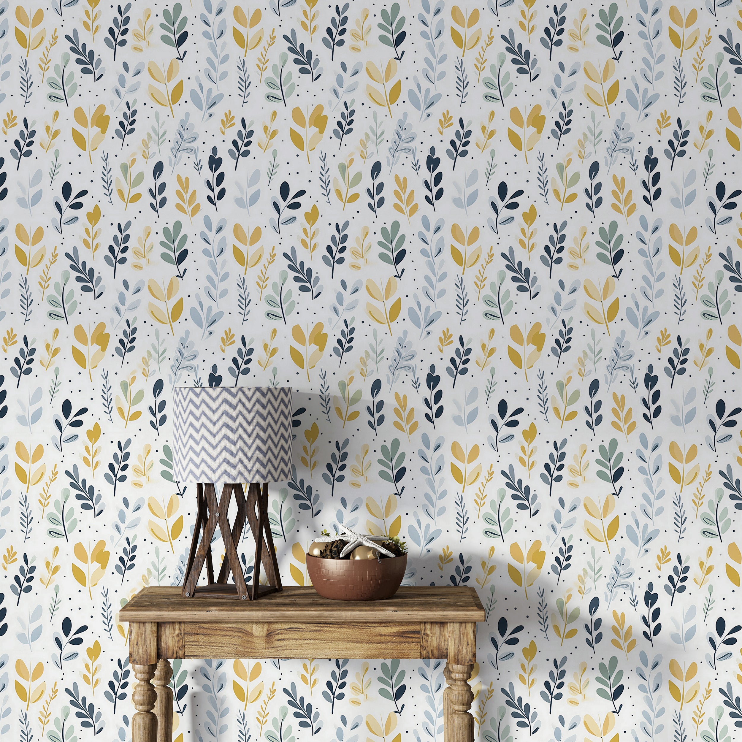 Leaves Pattern Wallpaper in Room Setting