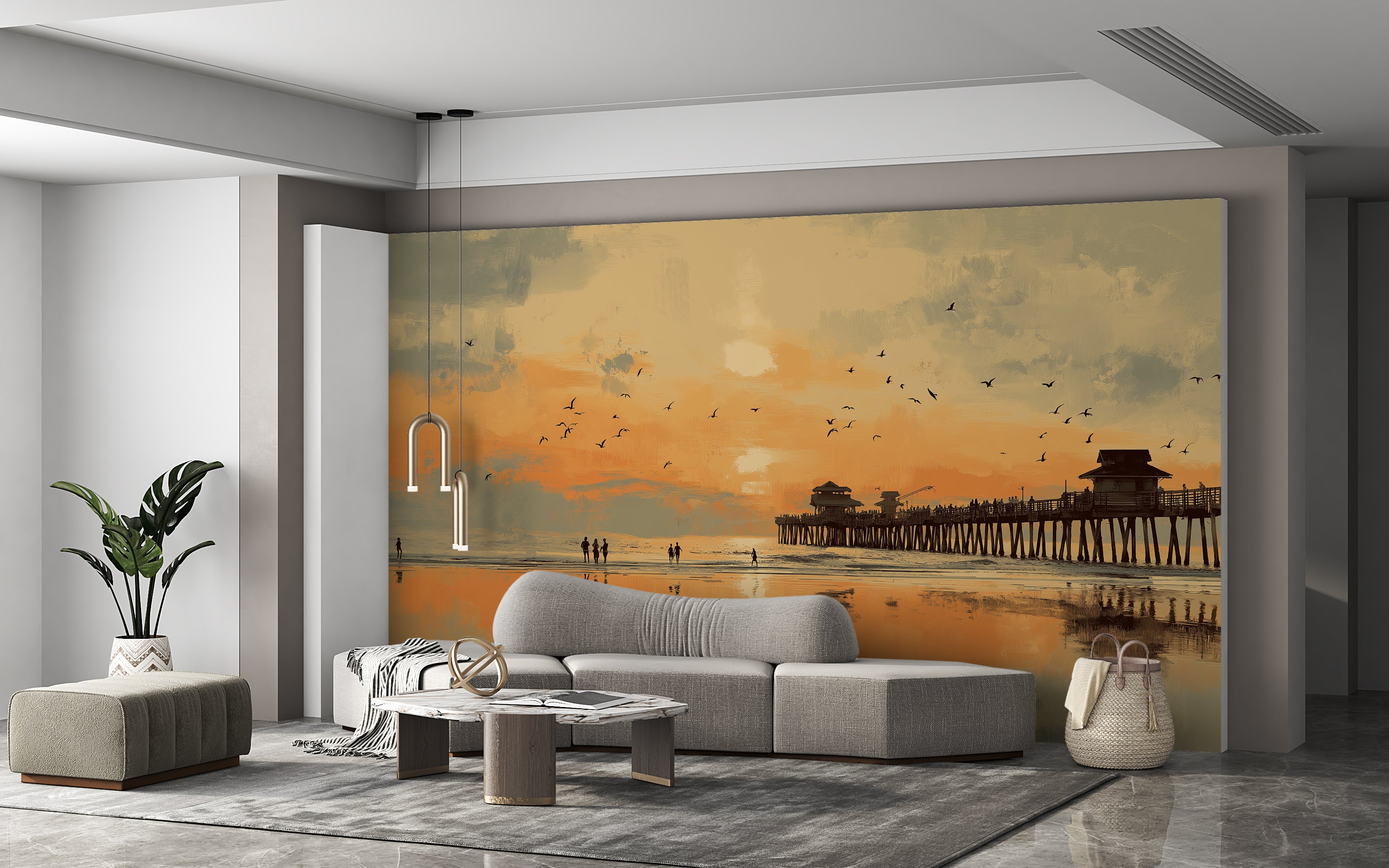 Coastal boardwalk wall art with ocean reflection at sunset