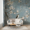 Soft Blue Chinoiserie Mural, Delicate Botanical Wallpaper, Peel and Stick Floral Wall Decor, Flowers and Birds Japanese Wall Art