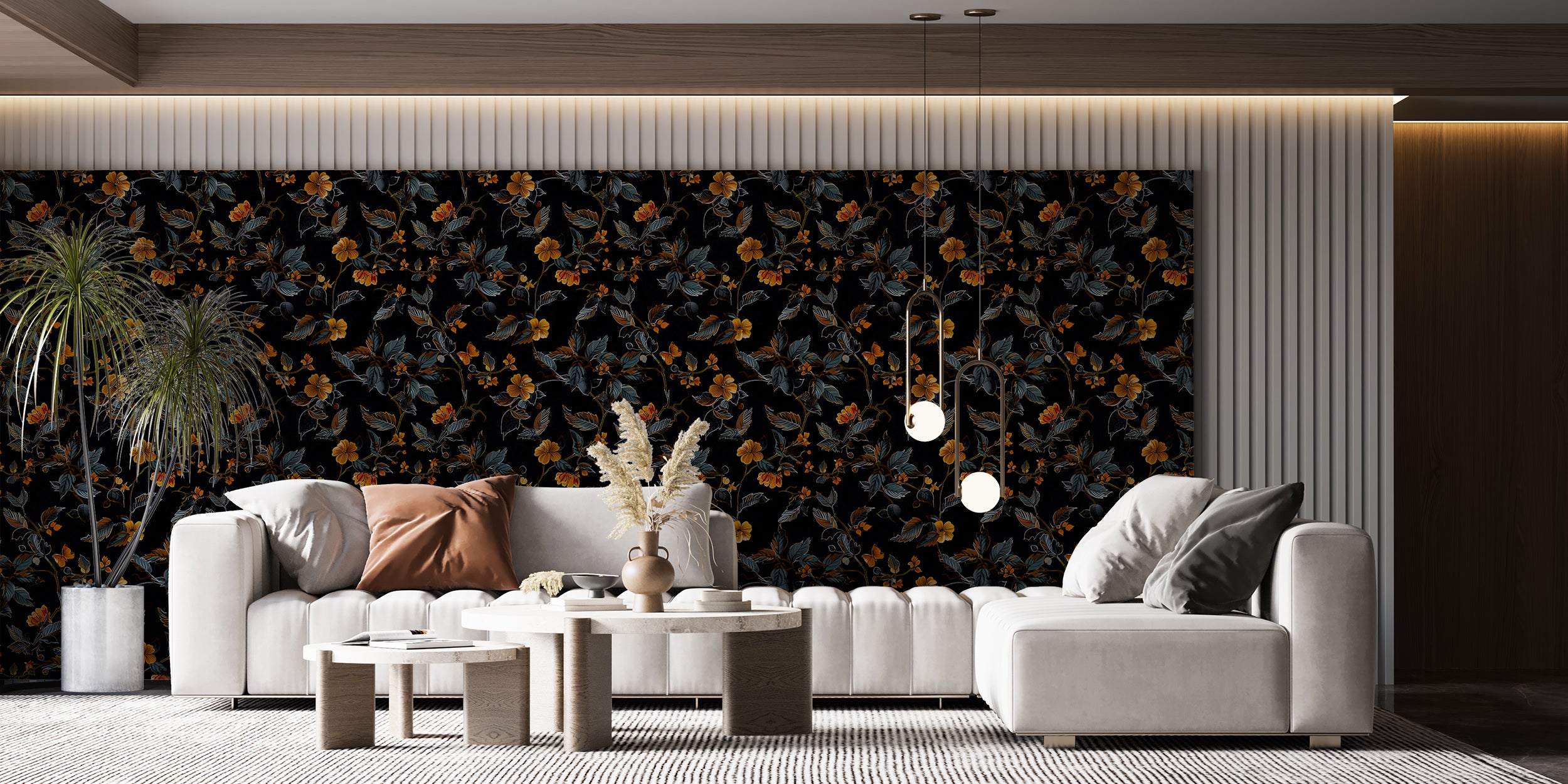 Abstract Dark Floral Wallpaper, Black and Orange Botanical Wallpaper, Peel and Stick Orange Flowers Wall Decal, Removable Floral Decor