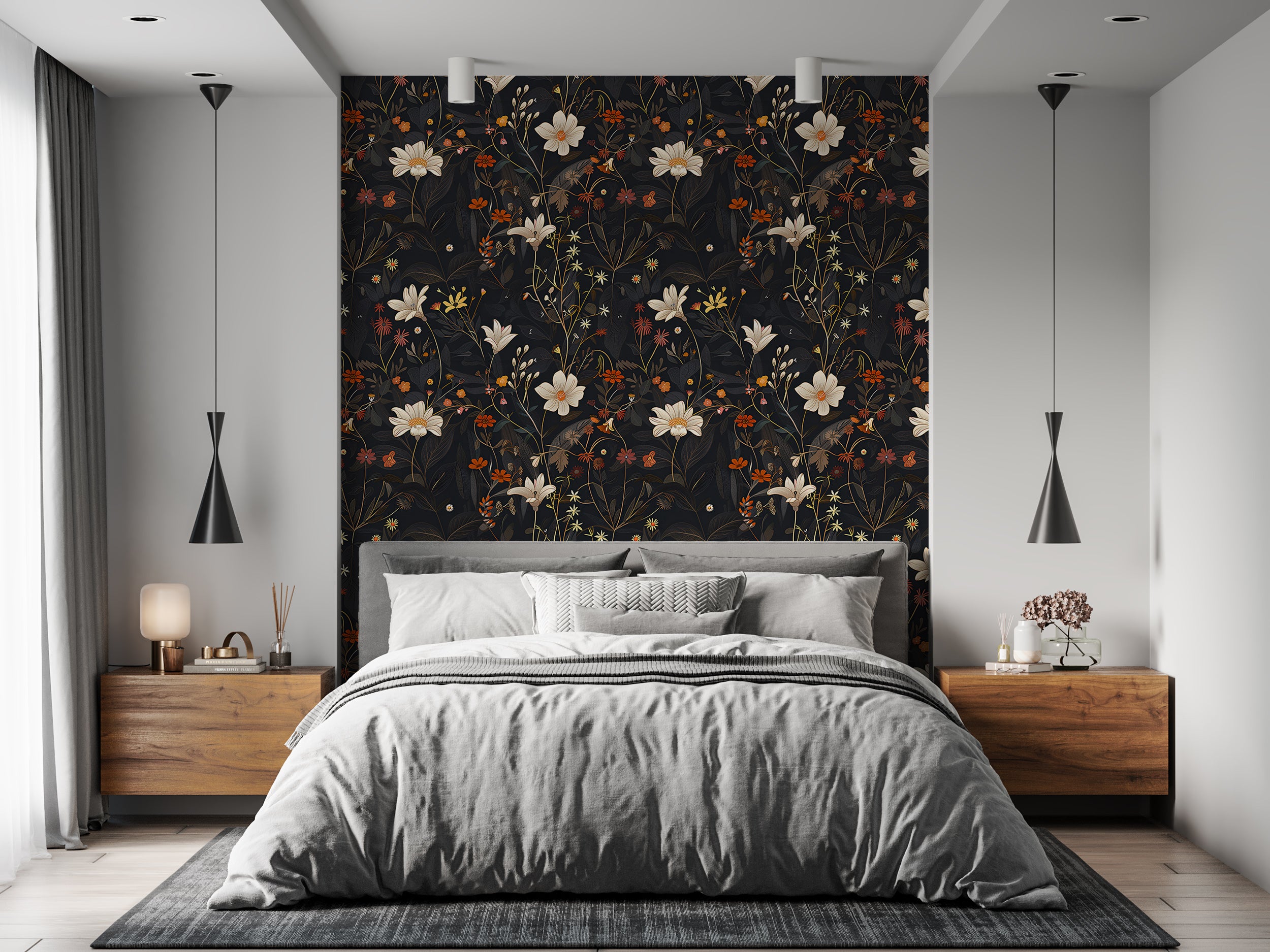 Wild Flowers Dark Wallpaper, Meadow Flower Peel and Stick Wall Decal, Black and Red Botanical Wallpaper, Dark Field Floral Decor