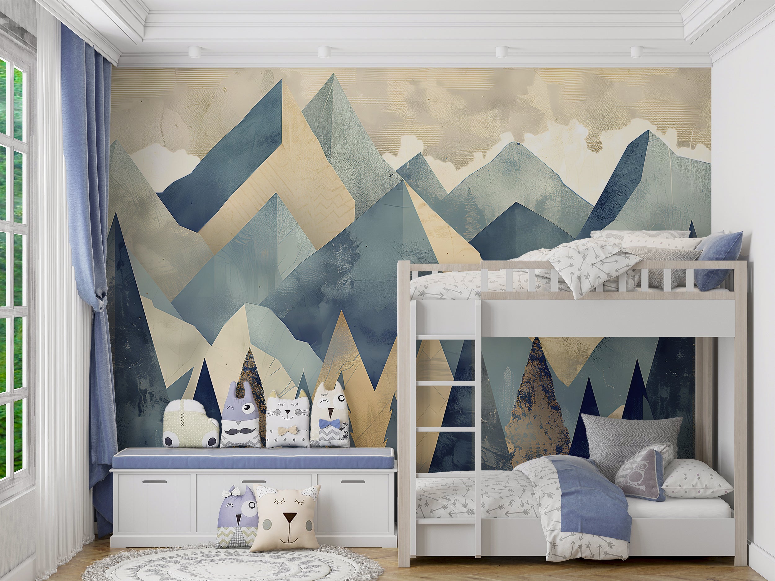 Mountains in Cubism Style Mural, Peel and Stick Abstract Landscape Mural, Blue & Beige Pastel Colors Mountains and Forest Wallpaper