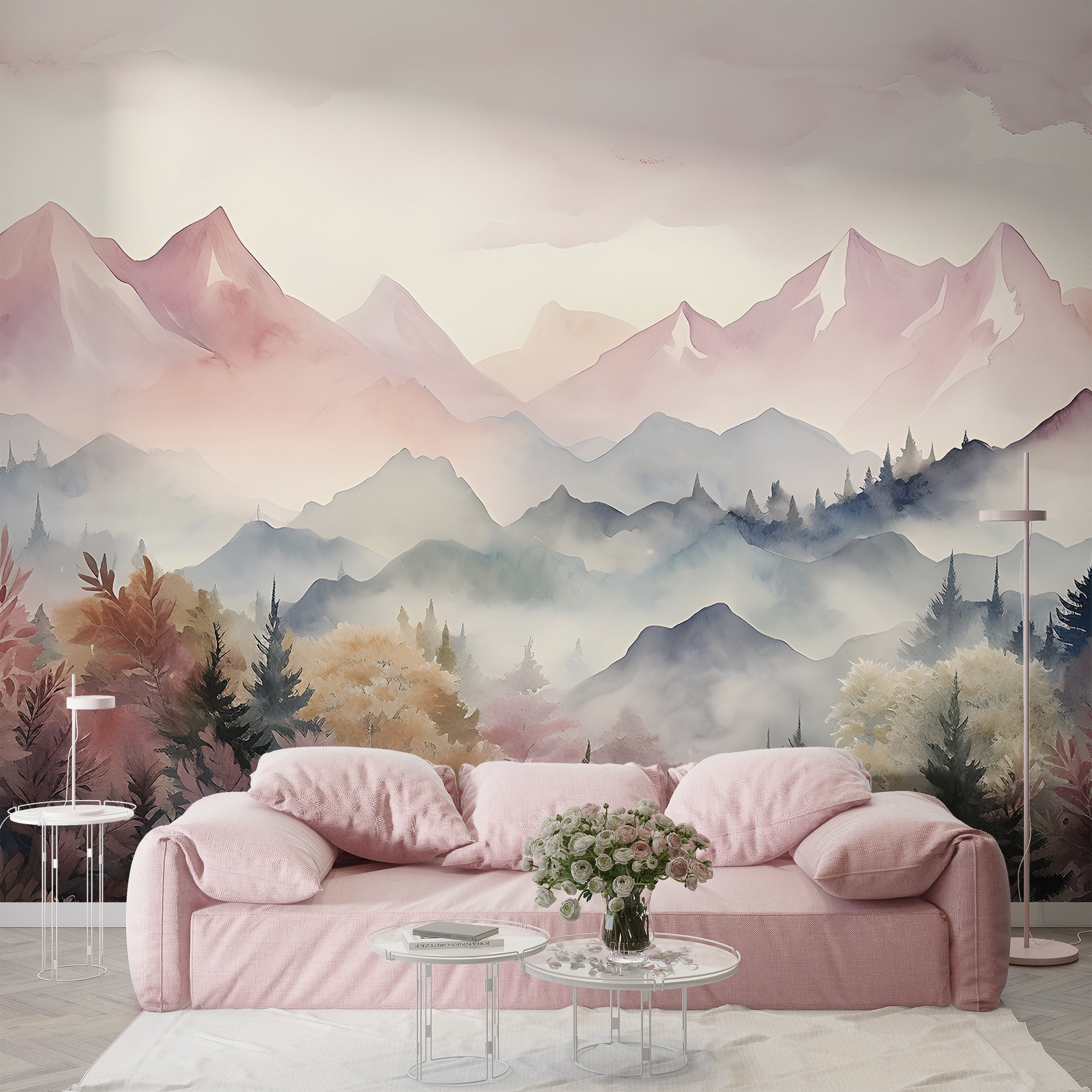 Tranquil Pink and Blue Forest Wall Covering