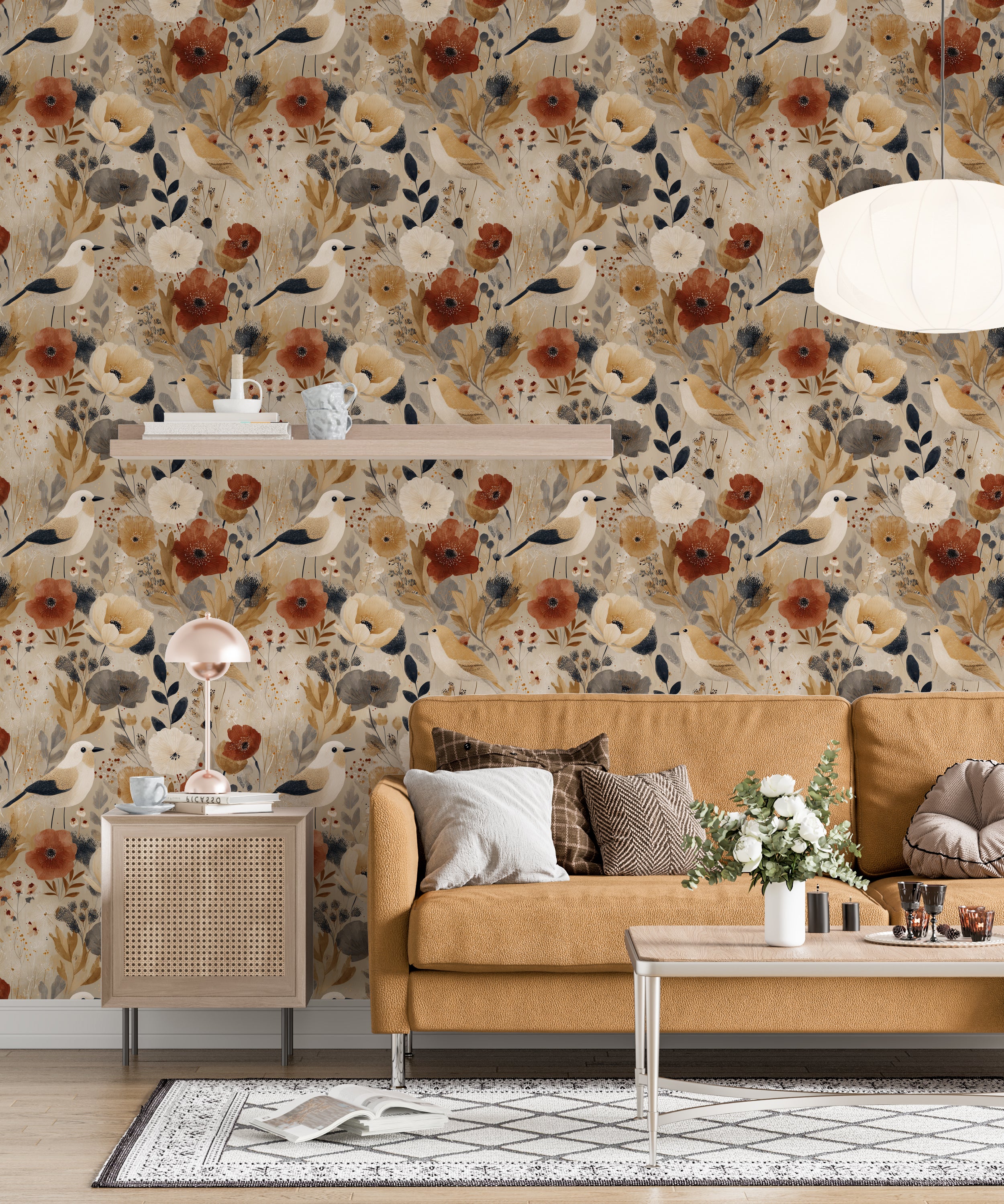 Seamless floral wallpaper with hand-painted bird design