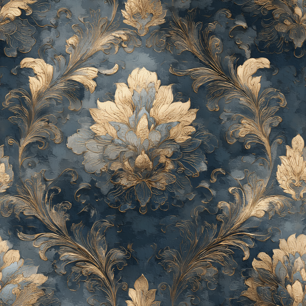 Luxurious navy blue and gold damask wallpaper with ornate baroque floral medallions in a peel and stick self-adhesive design