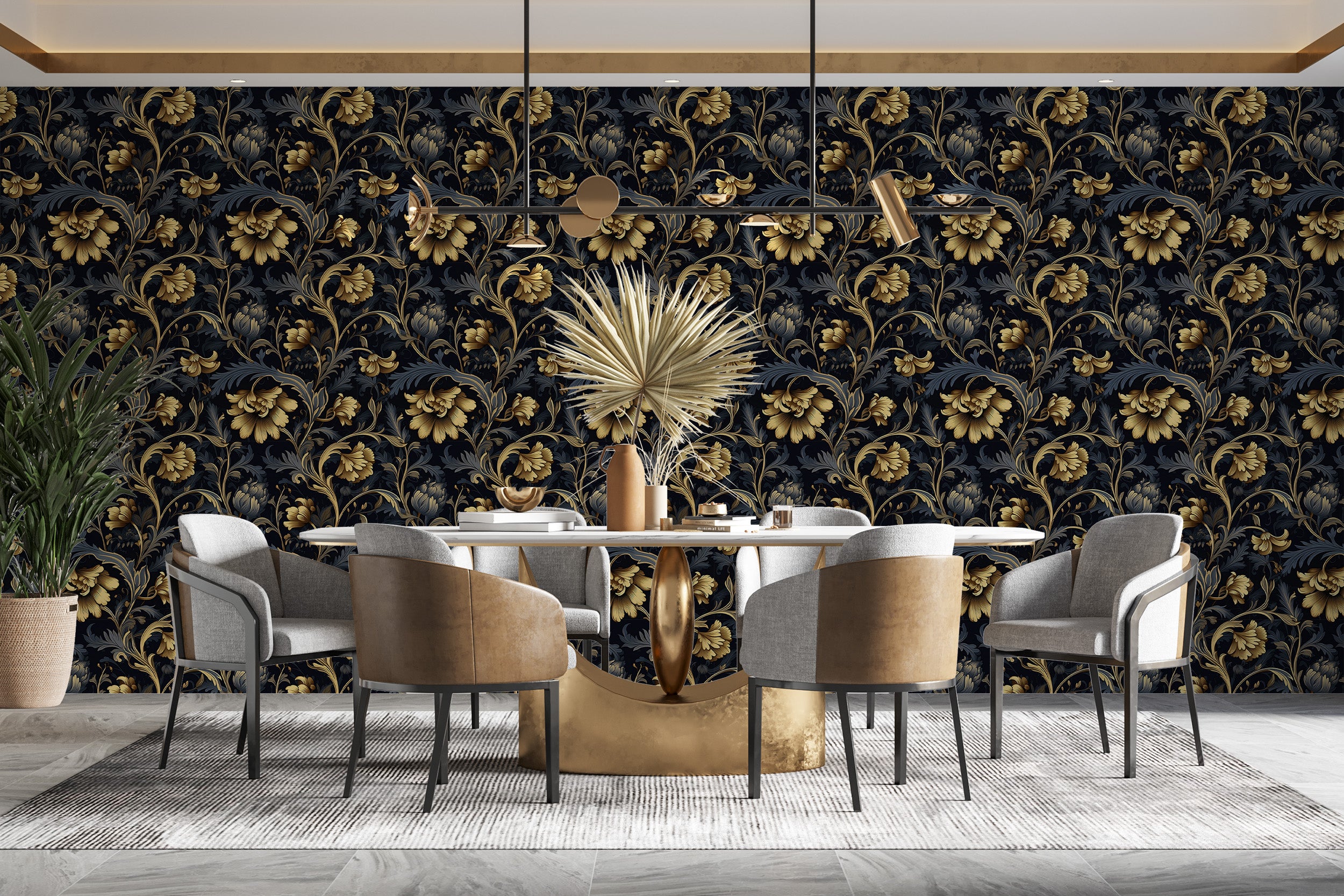 Captivating Gold Flowers Wall Print Design