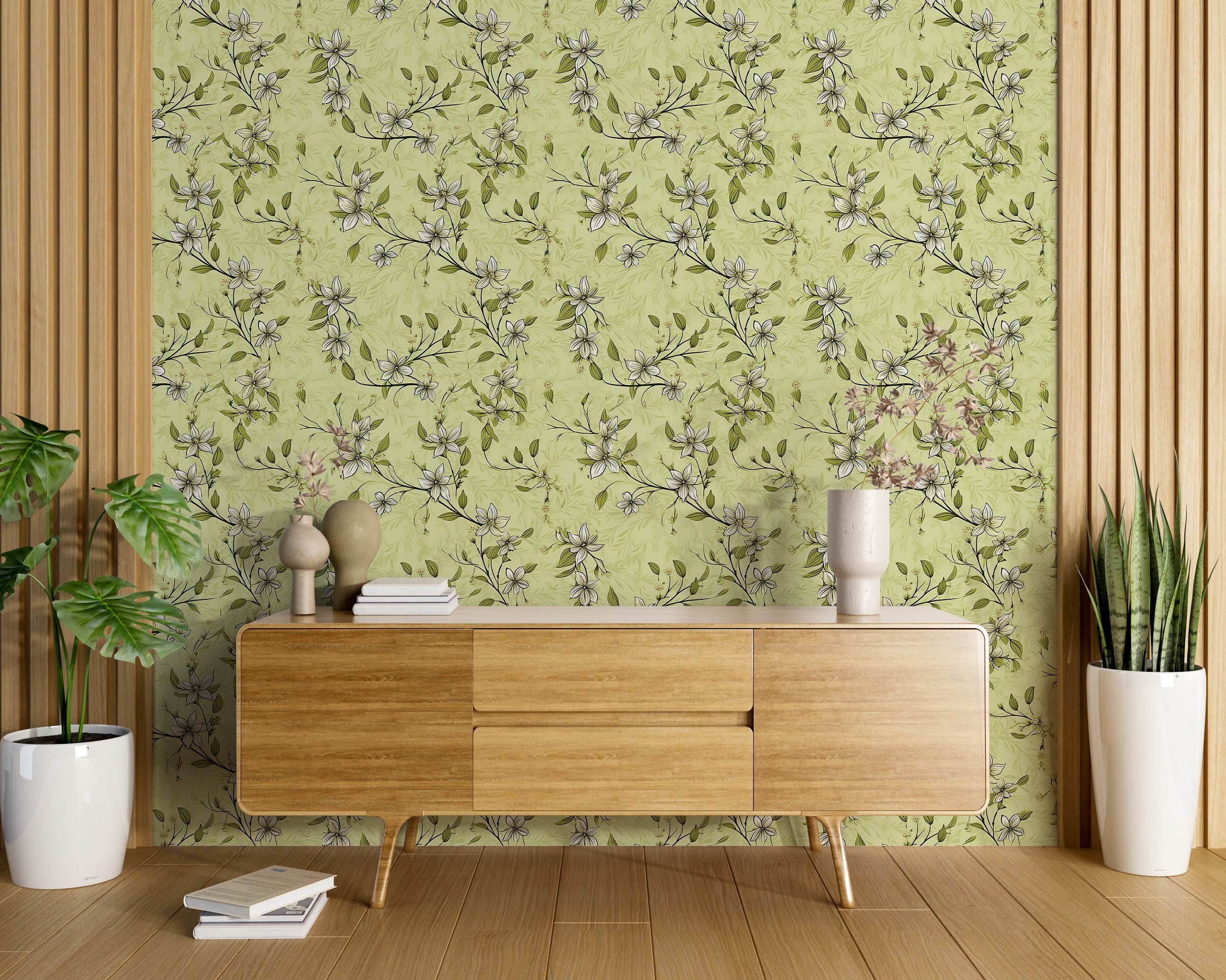 Pistachio Peel and Stick Floral Wallpaper in Room