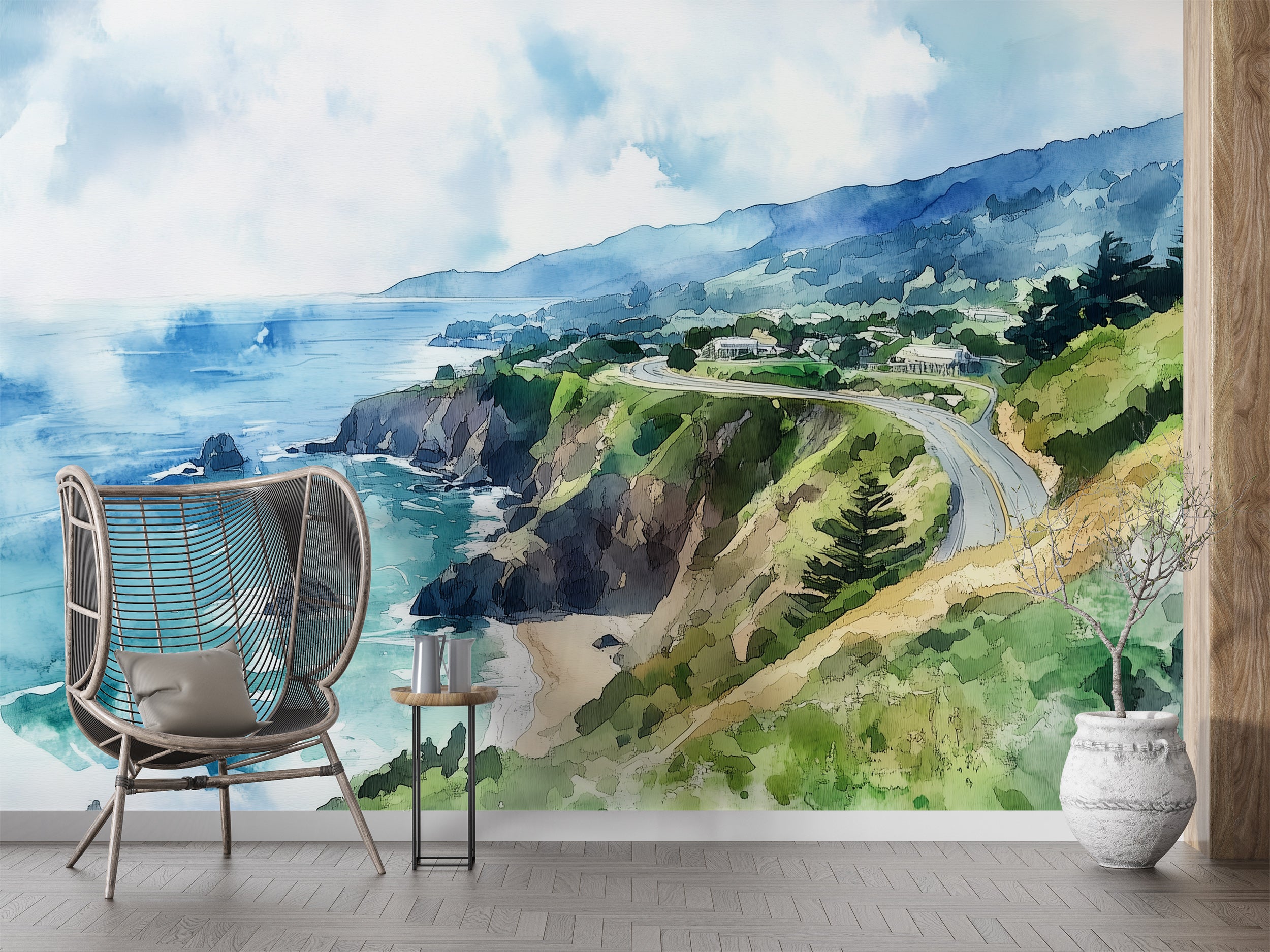 Pacific Coast Highway Mural, Peel and Stick Watercolor California Ocean Wallpaper, Coastal Road Wall Art