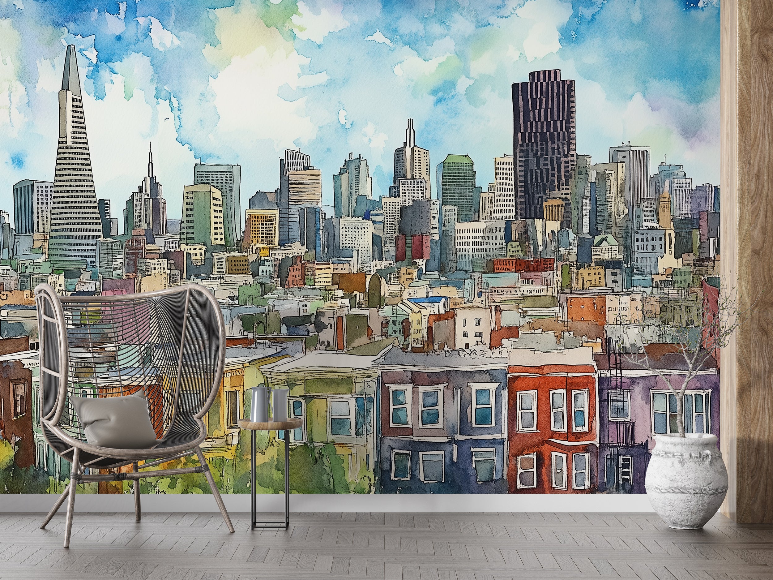 San Francisco Colorful Houses Wall Mural, Peel and Stick California Wallpaper, Watercolor San Francisco Downtown Mural