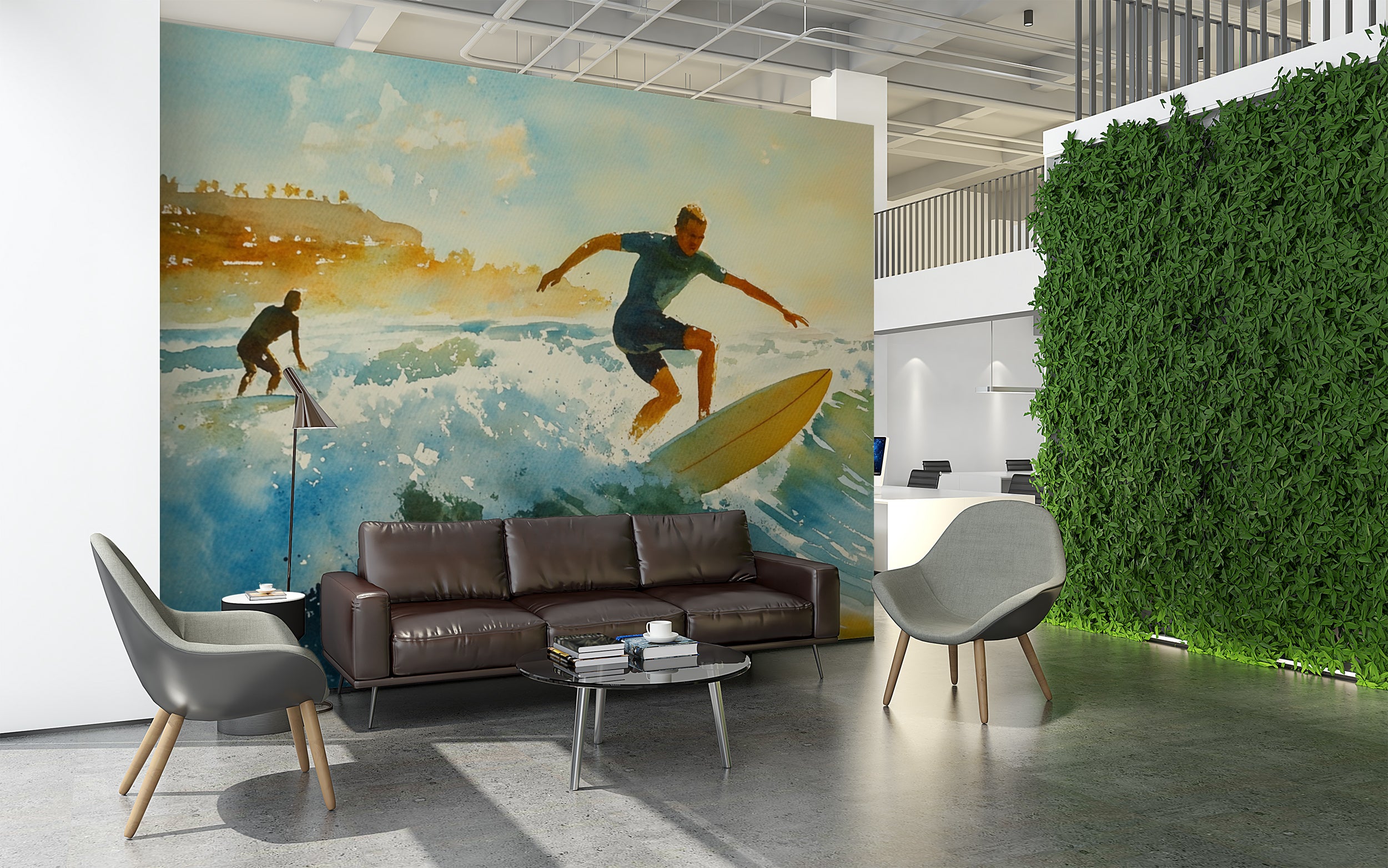 Surfers Wall Mural, Peel and Stick California Ocean Waves Wallpaper, Watercolor Surfers Coastal Art, Nautical Wallpaper