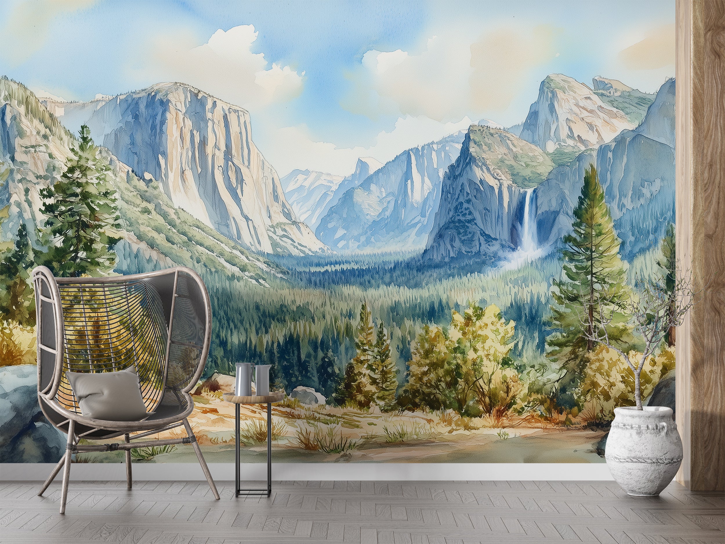 Watercolor Mountain Valley Mural, Peel and Stick National Park Wallpaper, Removable Yosemite Park Scenic Wall Decor