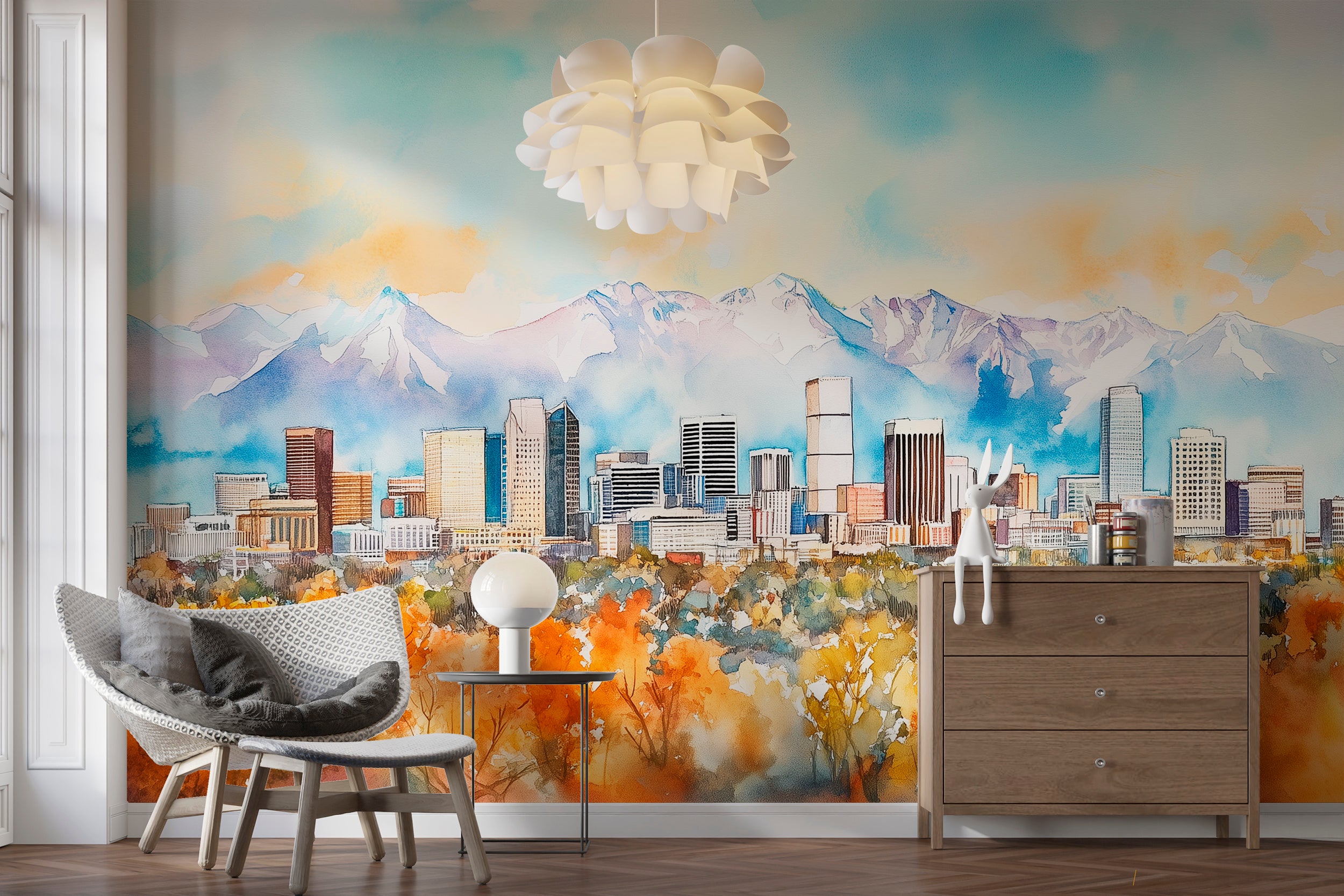 Denver Downtown Wall Mural, Peel and Stick Autumn Forest City and Mountains Wallpaper, Colorado Scenic Landscape Art