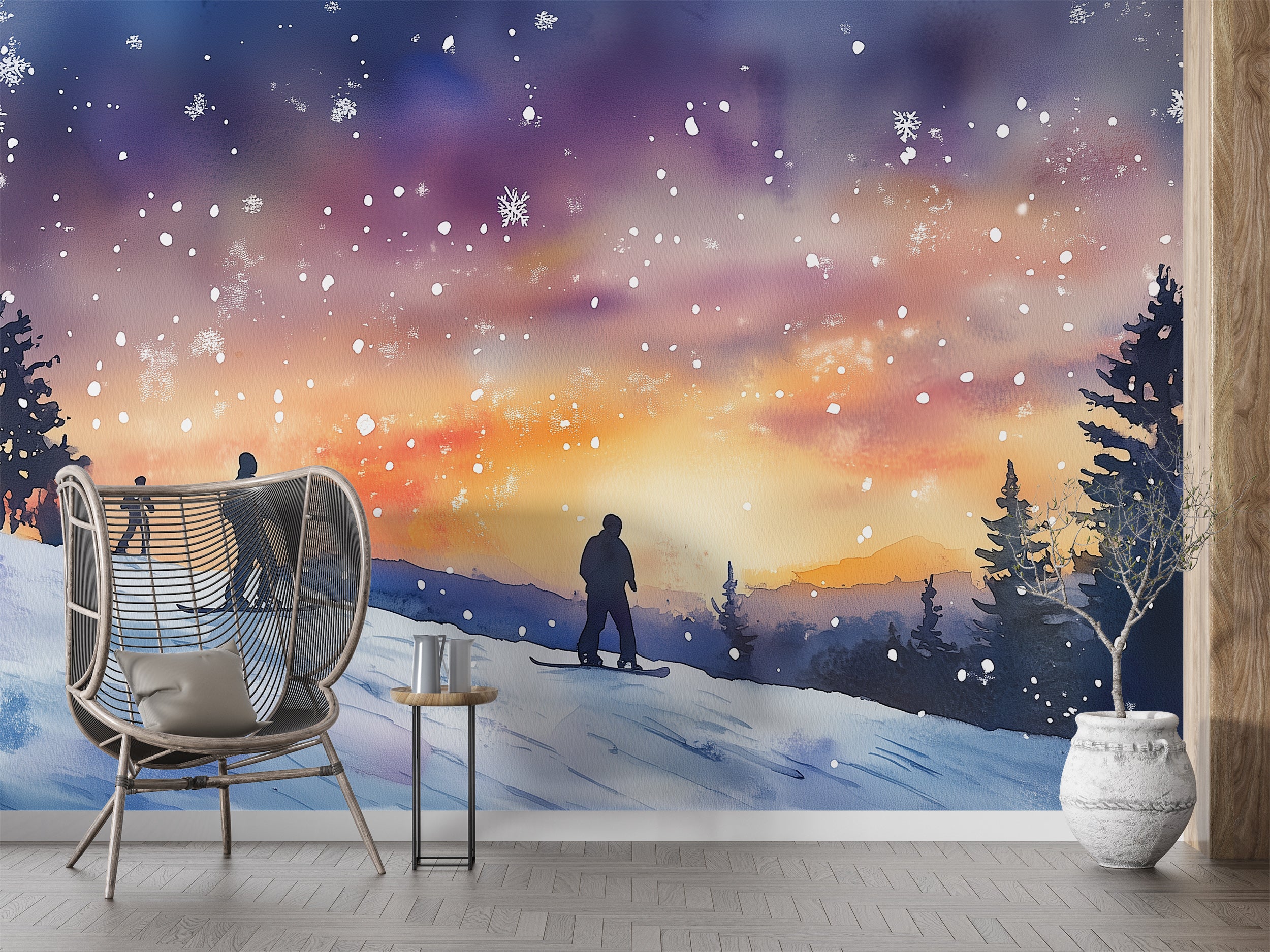 Snowboarders on the Slope Mural, Peel and Stick Snowy Night Wallpaper, Colorado Winter Mountain Slopes Dark Decor