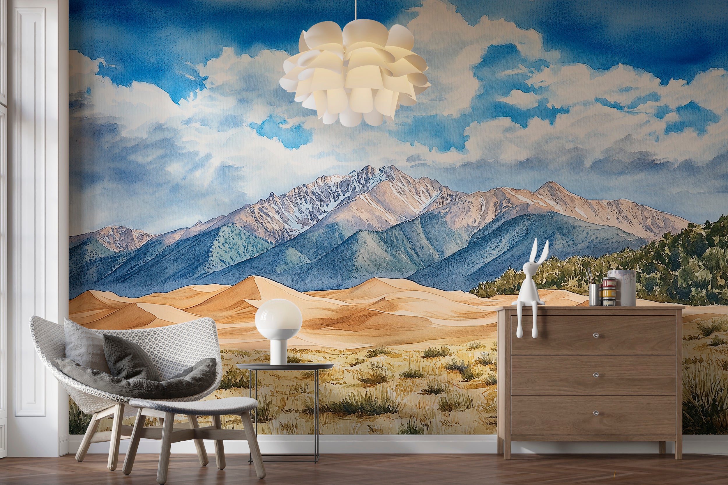 Colorado Sweeping Sand Dunes Mural, Peel and Stick Mountains Wallpaper, Watercolor Landscape Accent Wall Art