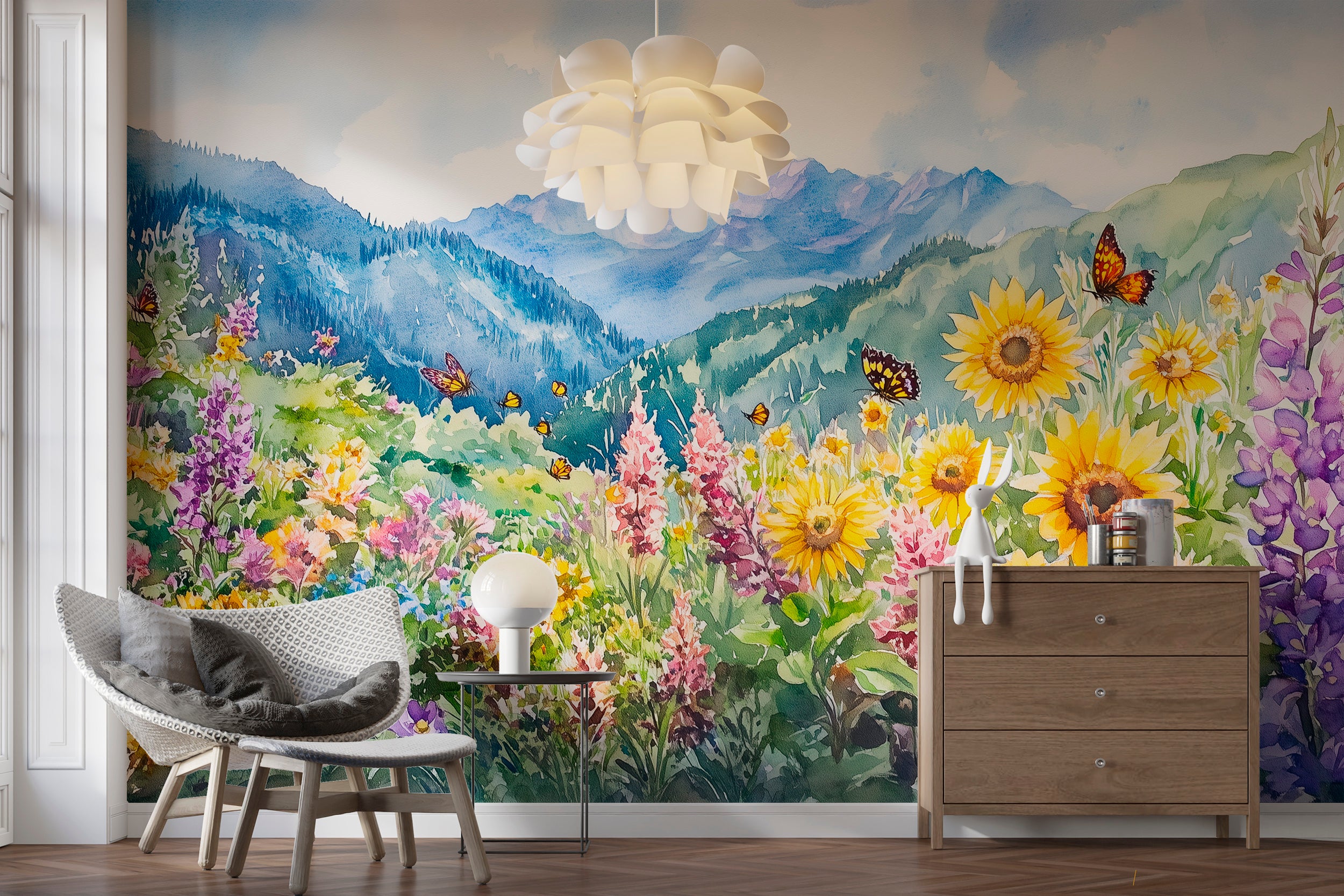 Wildflower Meadow Wallpaper, Peel and Stick Colorful Floral Mural, Watercolor Colorado Mountain Flower Field Art