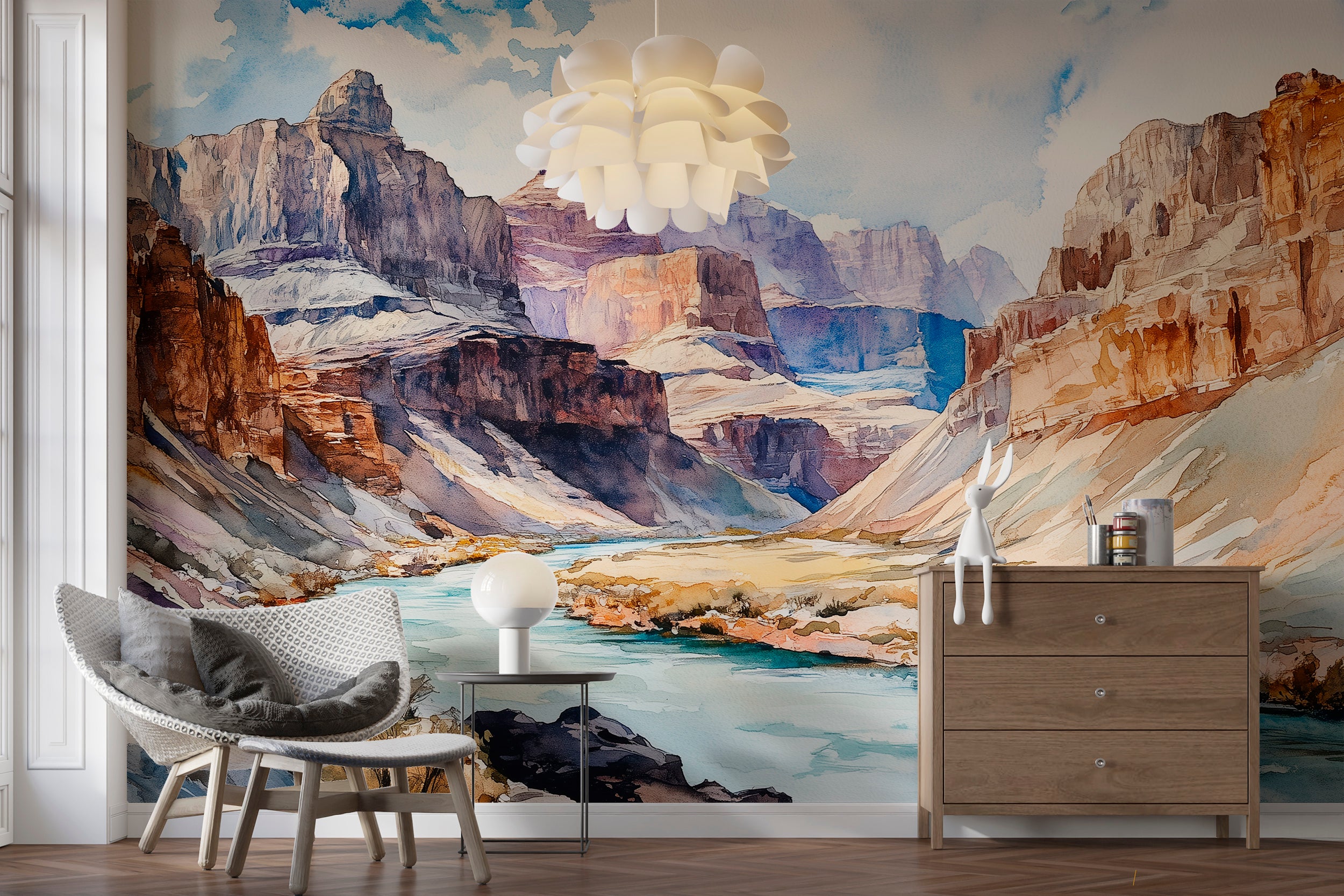 Colorado Canyon River Wall Mural, Peel and Stick Watercolor Canyon Wallpaper, Removable Wild River Accent Wall Art