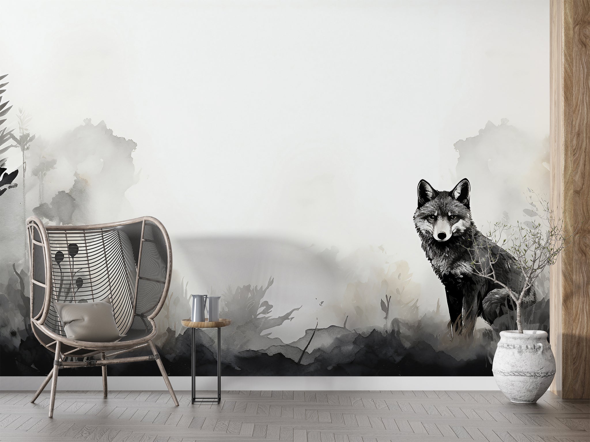 Black and White Landscape Mural - Watercolor Fox Wallpaper