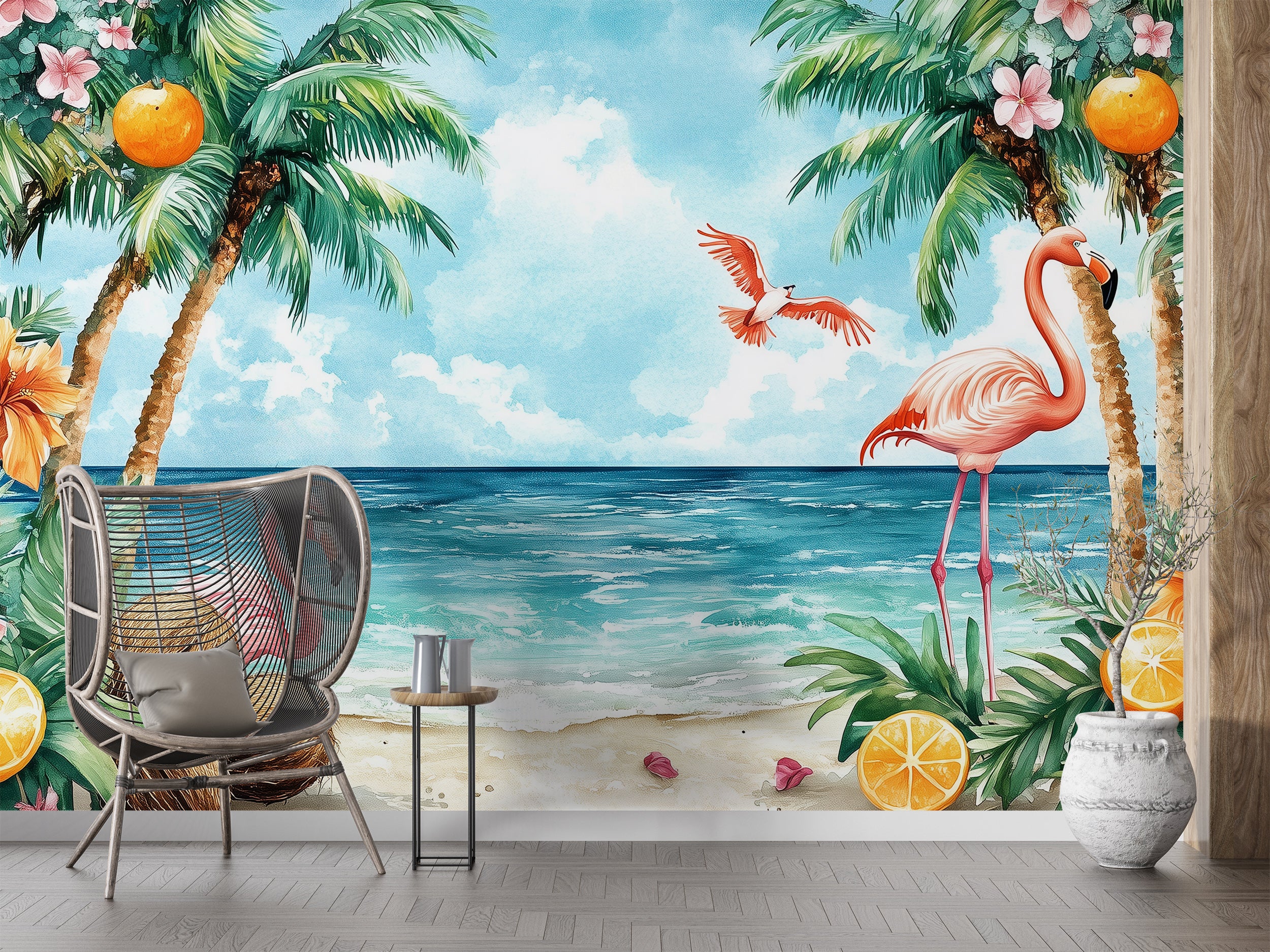 Dreamy Tropical Beach Mural, Peel and Stick Flamingos and Palm Trees Wallpaper, Ocean Calm Beach Colorful Wall Decor