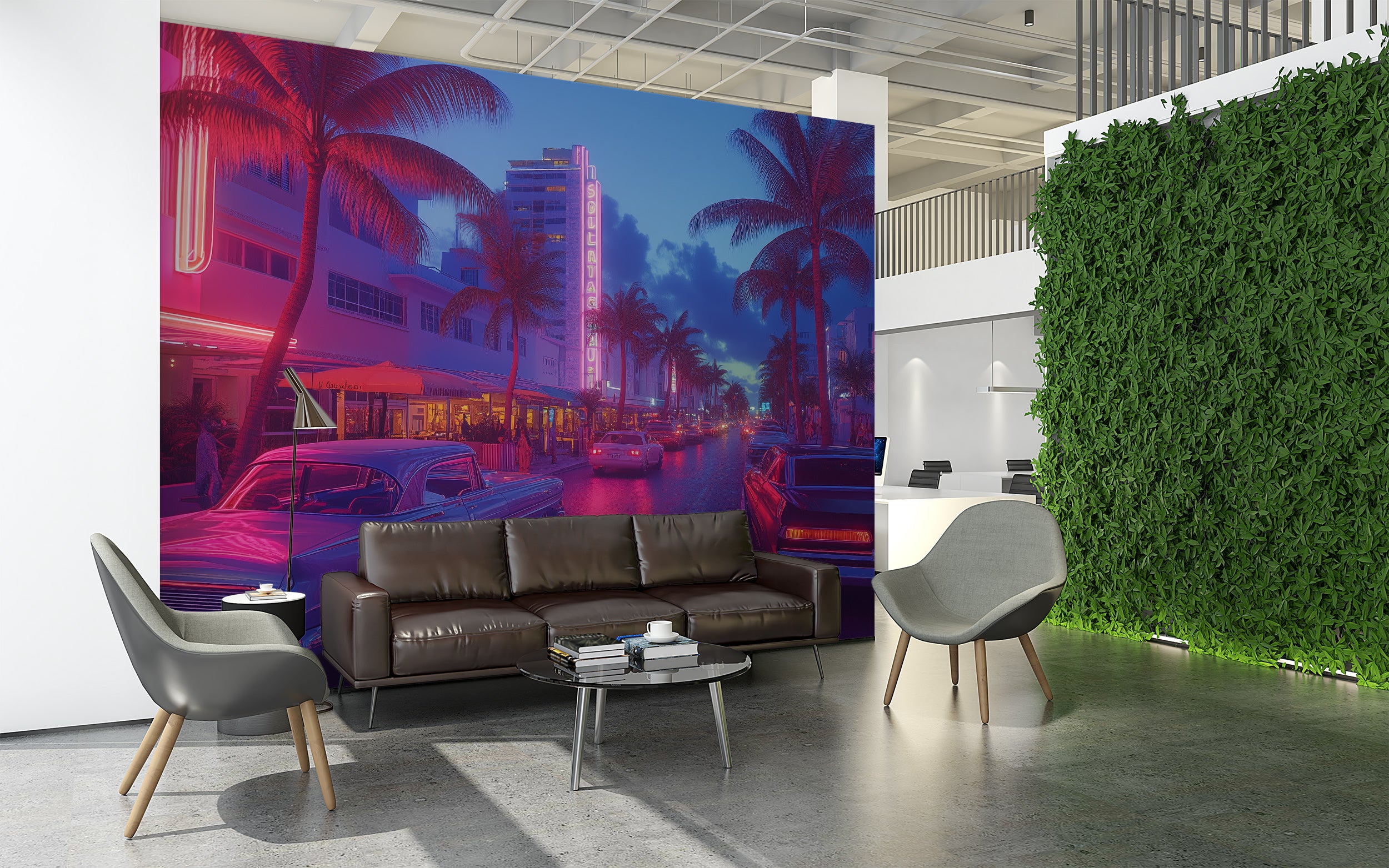 South Beach Florida Mural, Peel and Stick Neon Style Miami Street Wallpaper, Retro Cars in Miami Wall Art