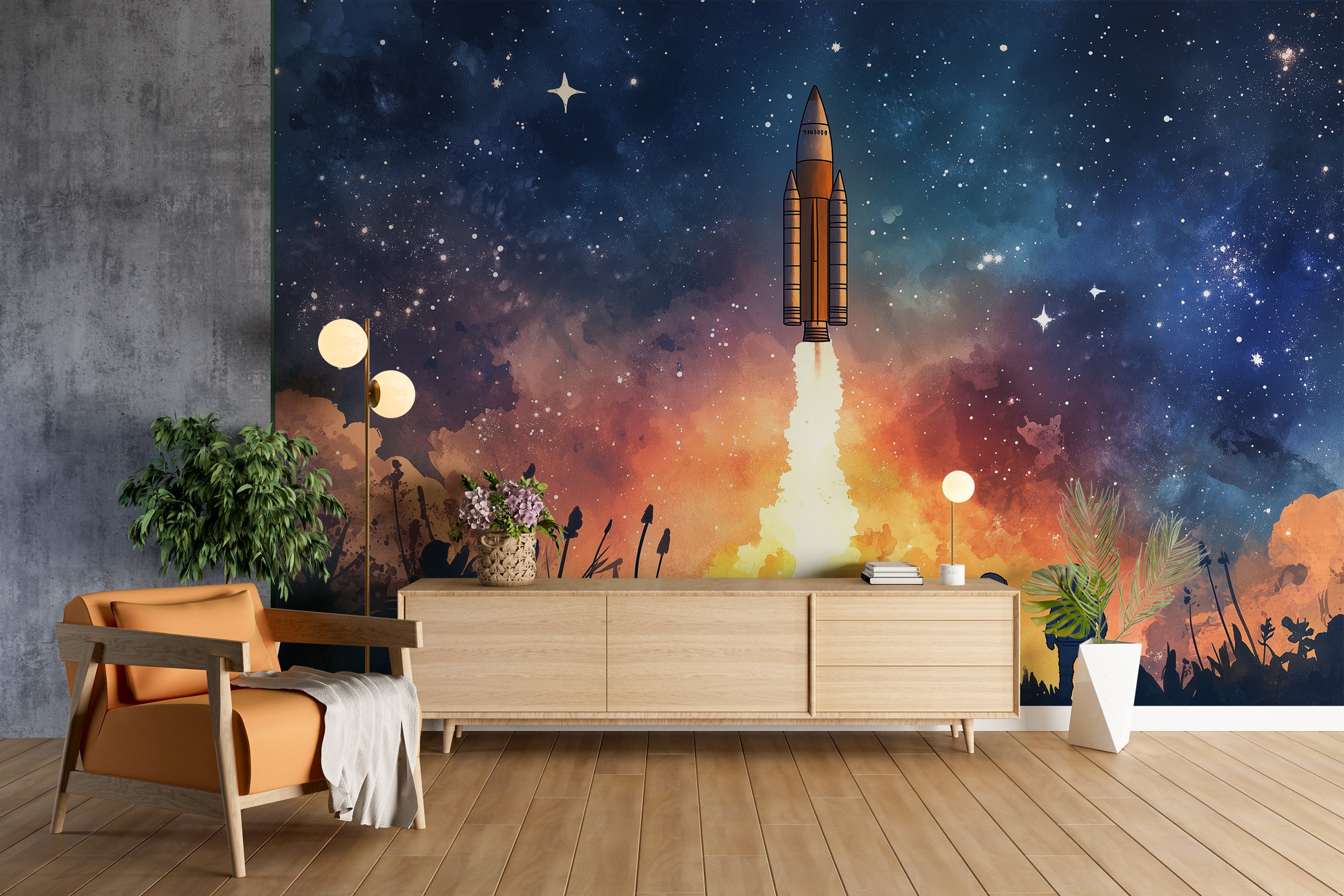 Rocket Launch Pad Wall Mural, Peel and Stick Starry Night Wallpaper, Astronauts Celestial Mural, Watercolor Stars Art