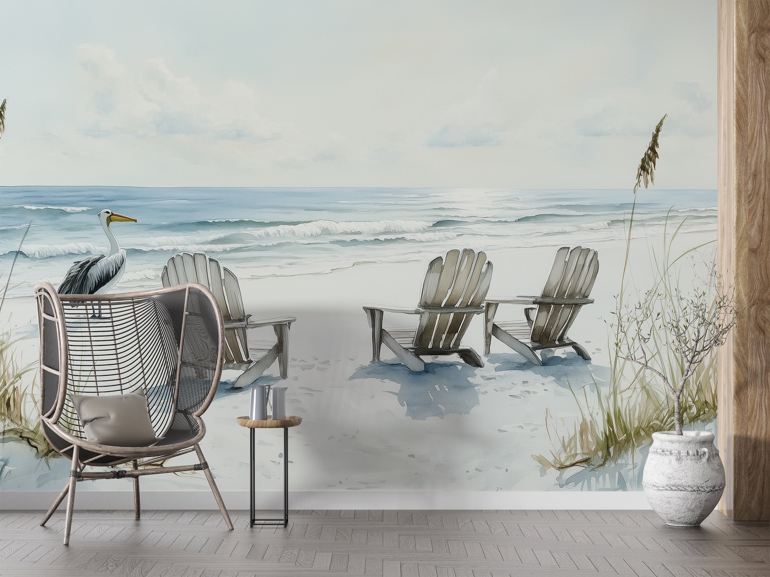 Pelicans on White Sand Beach Mural, Peel and Stick Calm Ocean Wallpaper, Florida Coastal Wall Decor