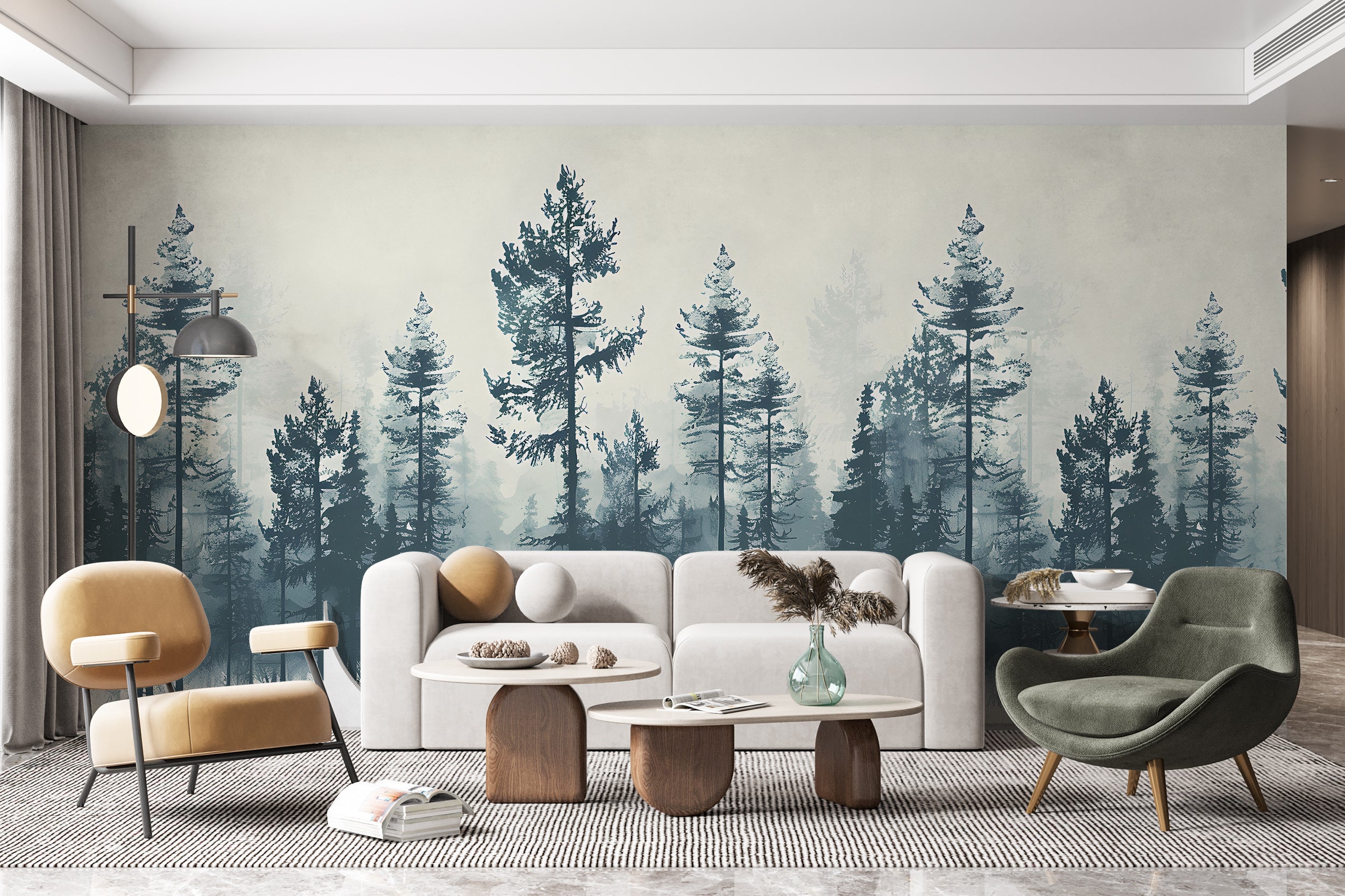 Watercolor Pine Tree Forest Wallpaper, Peel and Stick Nature Mural, Green and Beige Vintage Forest, Classic Seamless Wallpaper