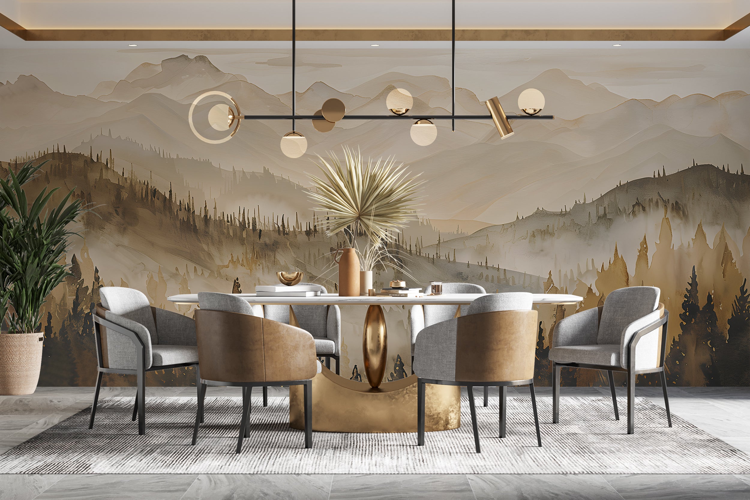 Brown and Beige Landscape Mural, Watercolor Mountains and Forest, Peel & Stick Nature Wall Decal, Removable Beige Pine Tree Forest
