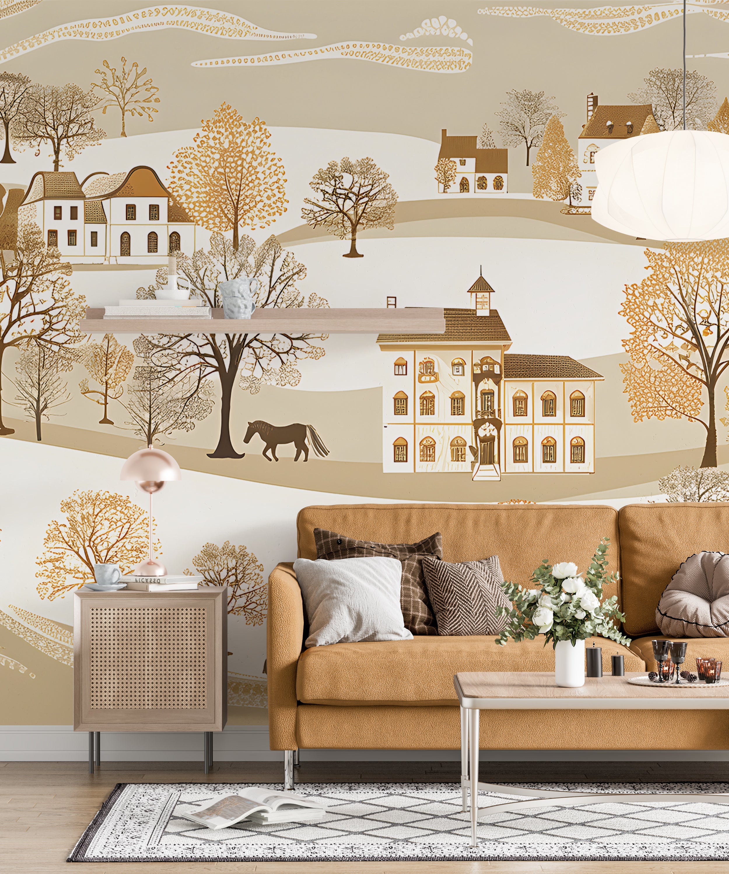 Beige Landscape with Houses and Trees Wallpaper, Seamless Horizontal Pattern Mural, Watercolor Classic Wall Art, Peel and Stick Traditional Village Mural
