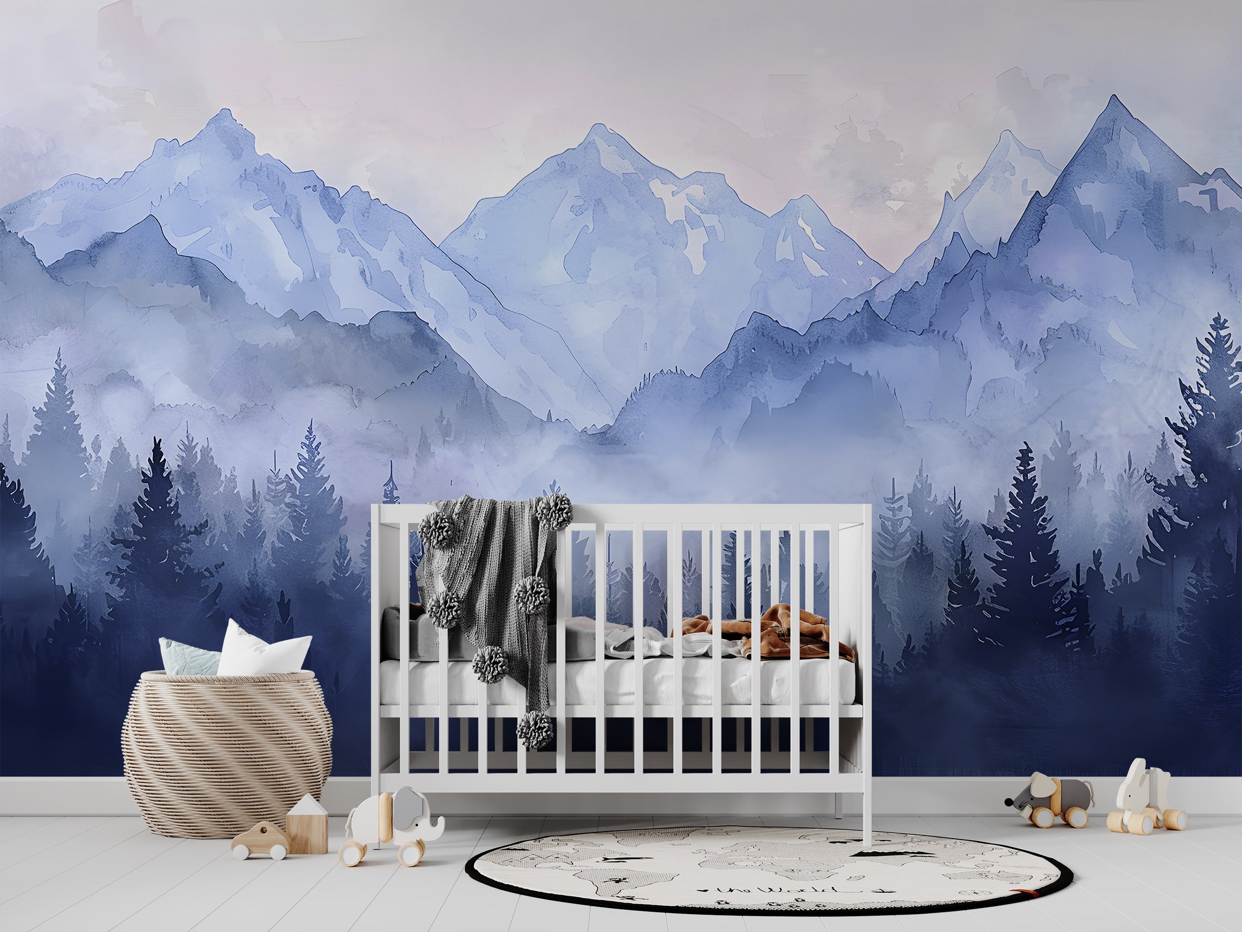 Watercolor Pastel Blue Mountains Mural, Forest and Mountain Landscape Wallpaper, Self-adhesive Removable Blue Nature Nursery Decal