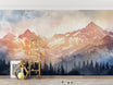 Watercolor Mountain Sunset Wallpaper, Colorful Mountains and Forest Mural, Peel and Stick Orange Landscape Nursery Decal, PVC-free