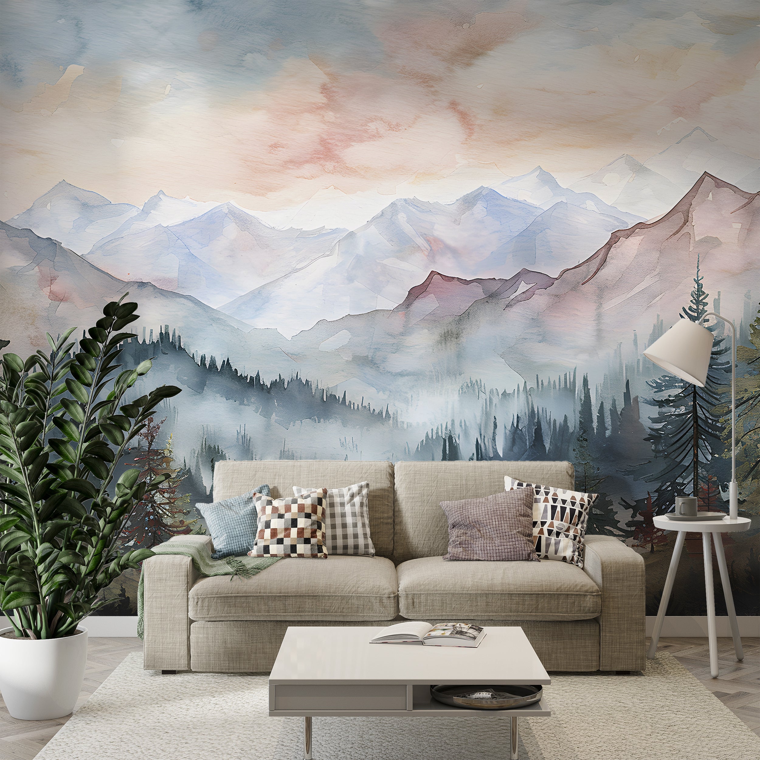 Watercolor Wild Nature Landscape Mural, Mountains and Forest Wallpaper, Peel and Stick Mountain Valley Decal, Colorful Nursery Landscape Wall Art